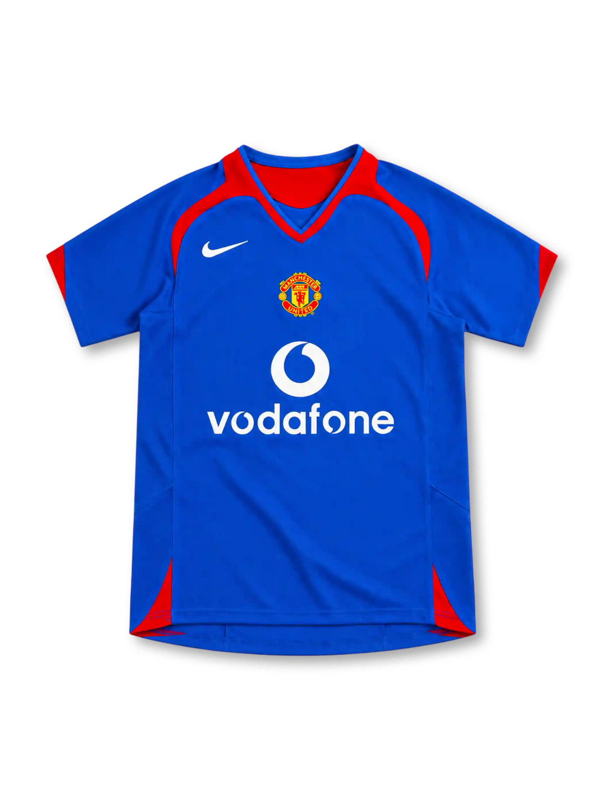 Manchester United 2005/06 royal-blue away jersey with red curved shoulder panels, red-trimmed V-neck collar, white Nike Swoosh, central club crest, white Vodafone sponsor and red side accents.