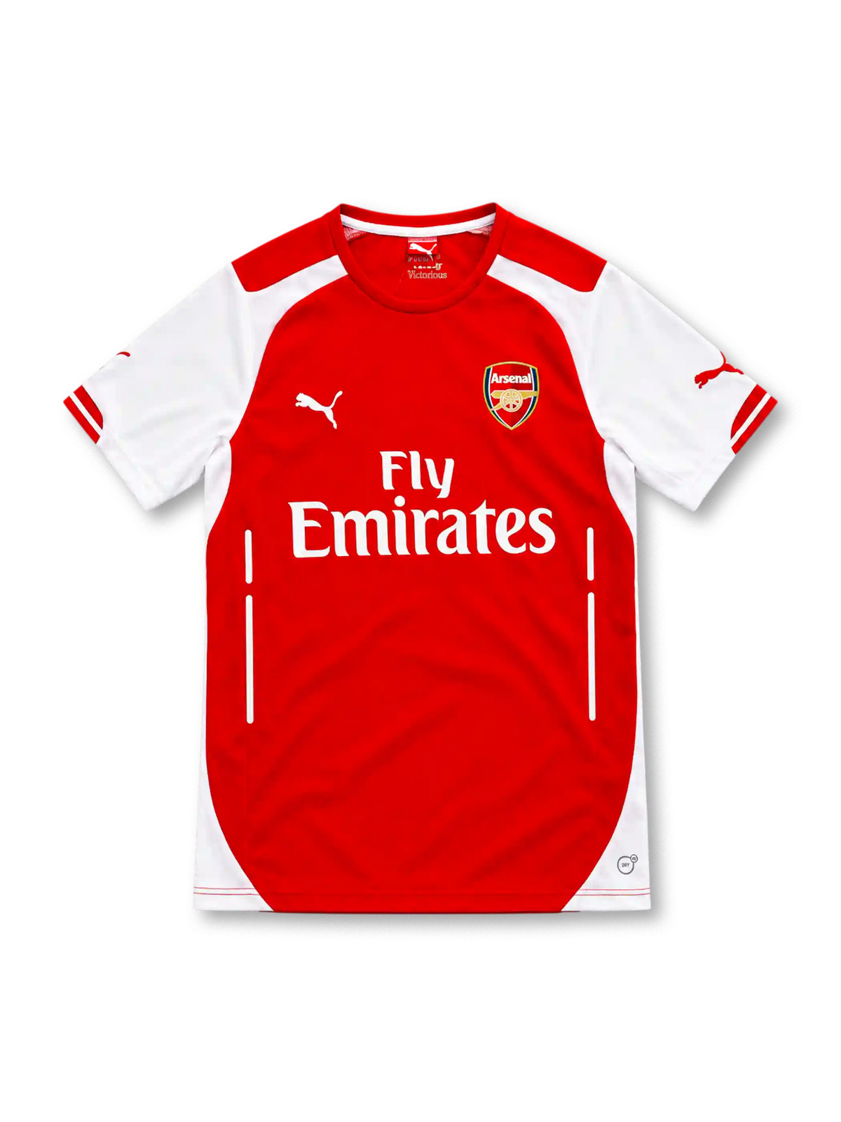 Arsenal 2014/15 red home jersey with white sleeves and side panels, red crew-neck collar, white Puma logos, Arsenal club crest, Fly Emirates sponsor and DryCell branding.