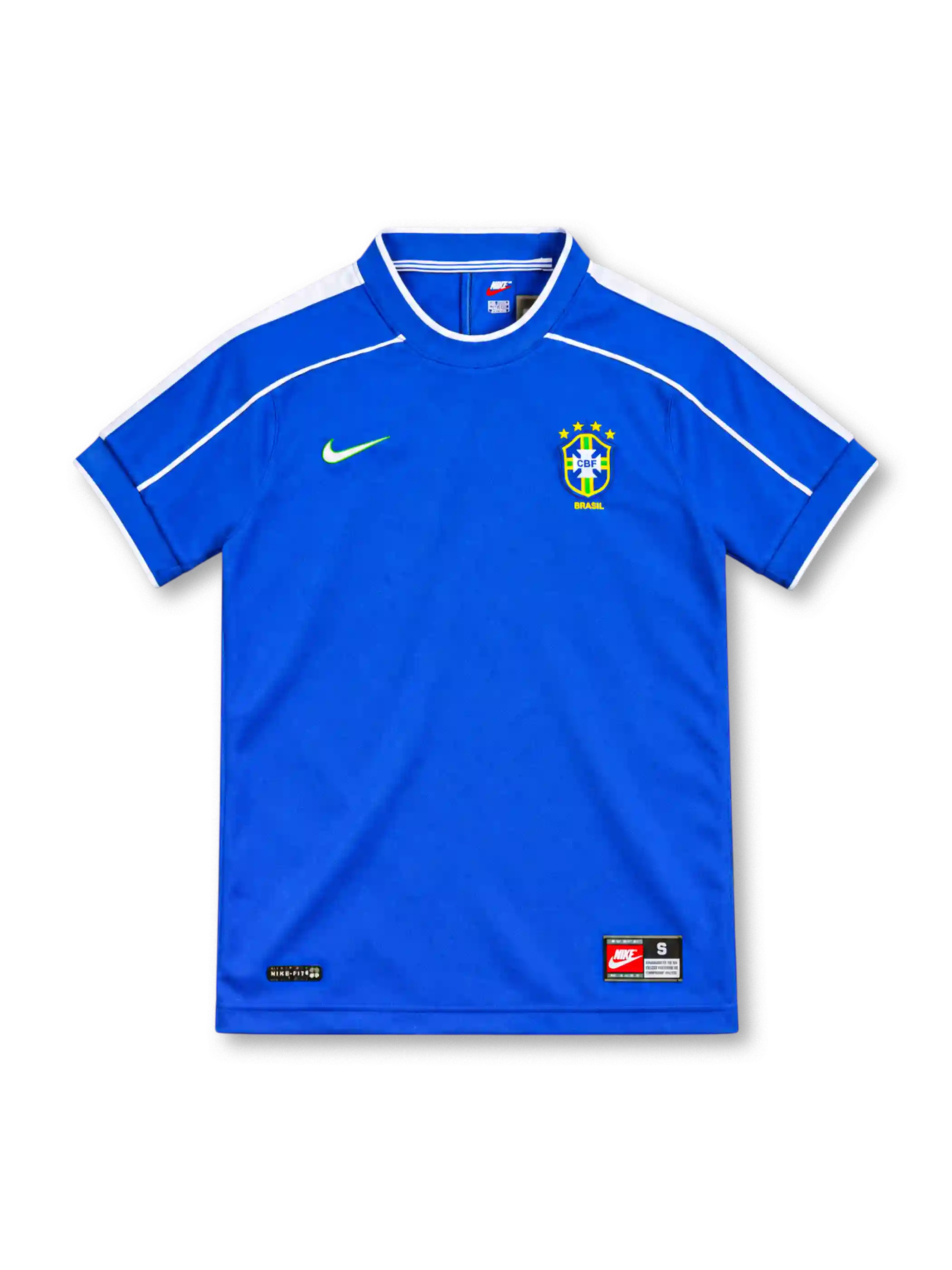 Brazil 1998 royal-blue away jersey featuring white shoulder piping, a blue collar with white trim, green Nike Swoosh, four-star CBF crest, Nike-Fit label and vintage hem tag.