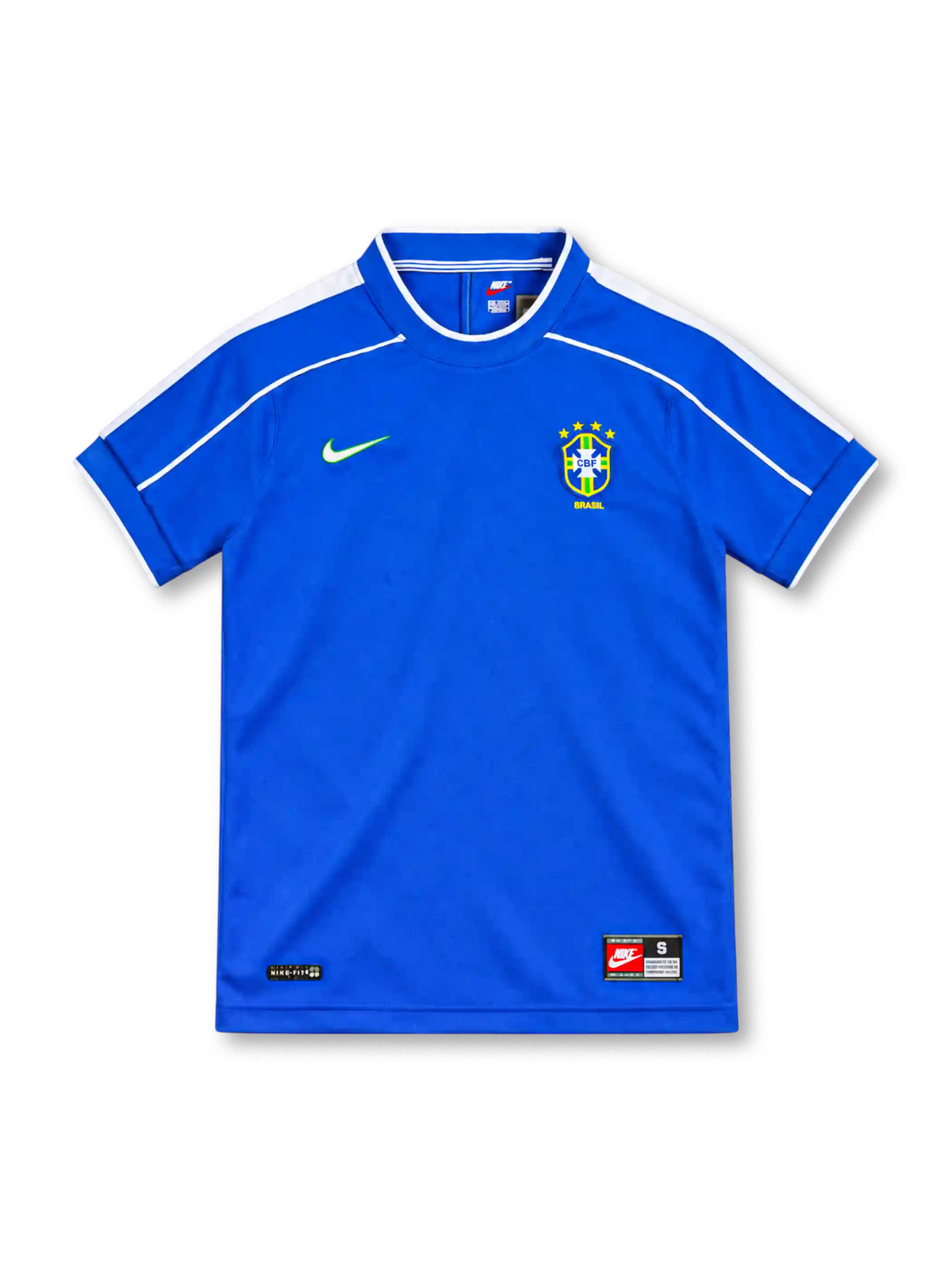 Brazil 1998 royal-blue away jersey featuring white shoulder piping, a blue collar with white trim, green Nike Swoosh, four-star CBF crest, Nike-Fit label and vintage hem tag.