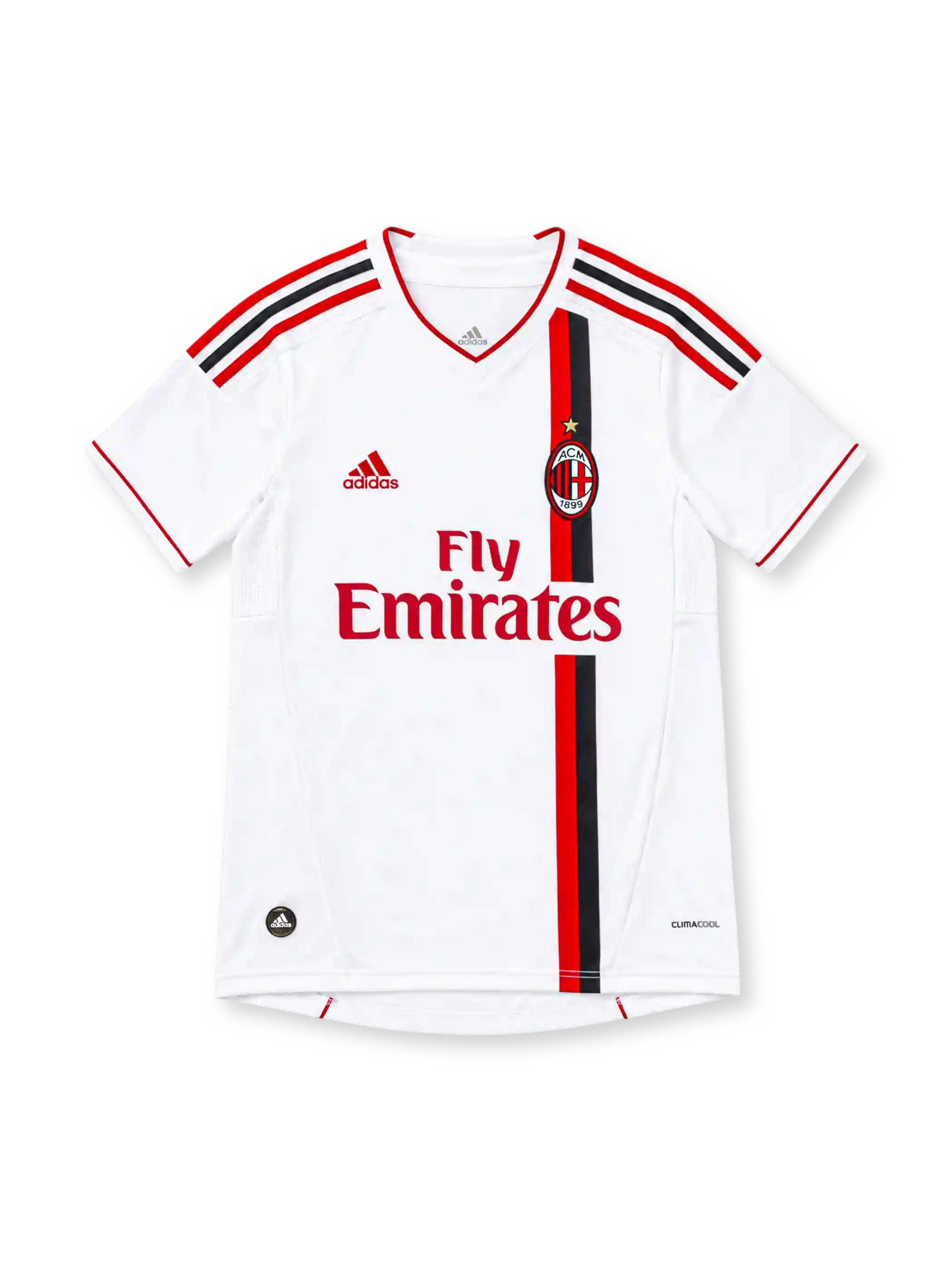 AC Milan 2011/12 white away jersey featuring asymmetric red-and-black vertical stripes, red V-neck trim, adidas shoulder stripes, club crest with gold star, red Fly Emirates sponsor and ClimaCool branding.