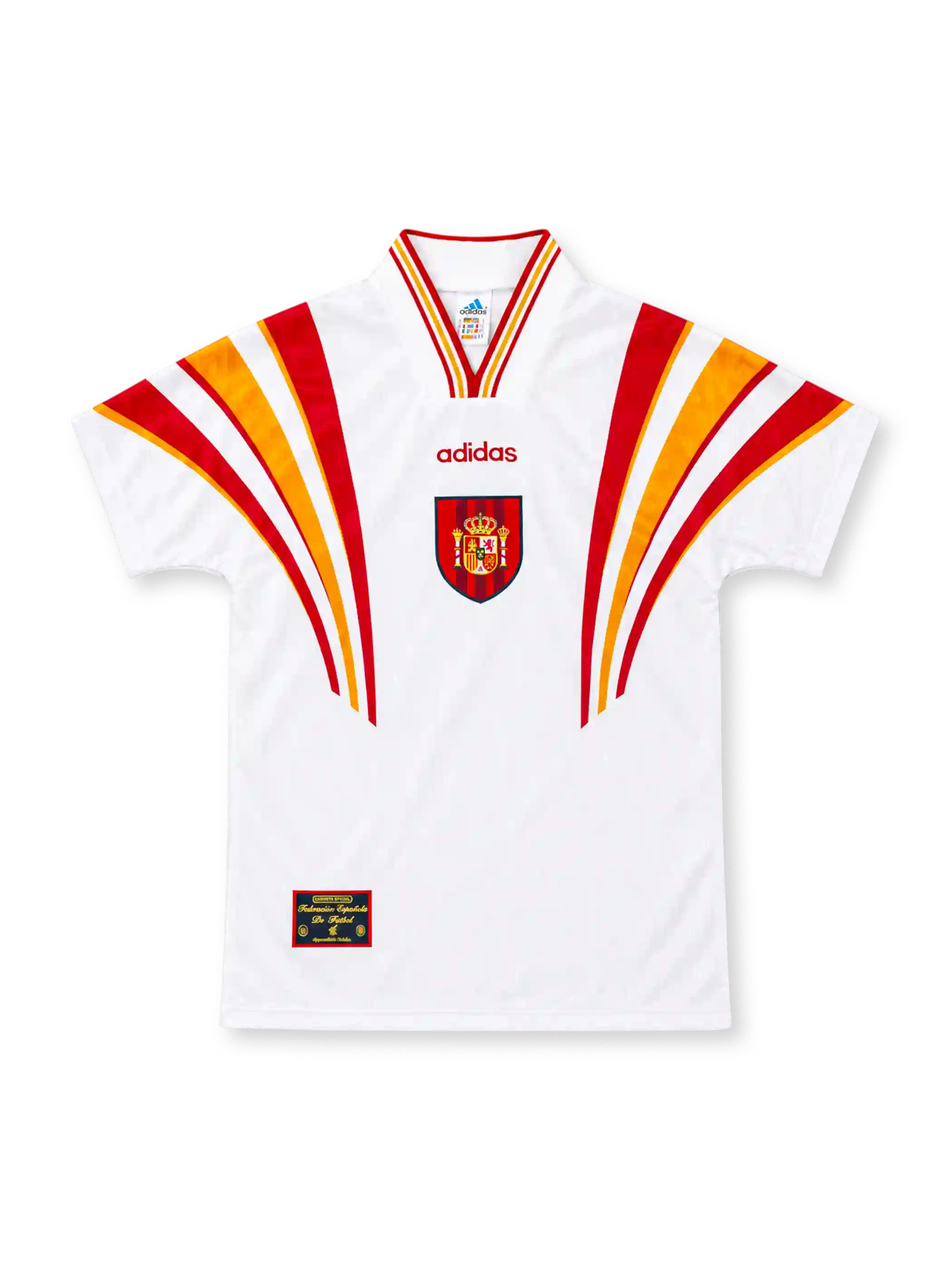 Spain 1996 white third jersey by adidas with sweeping red-and-yellow shoulder stripes, matching striped V-neck collar, red adidas wordmark, central Spanish federation crest and decorative hem patch.