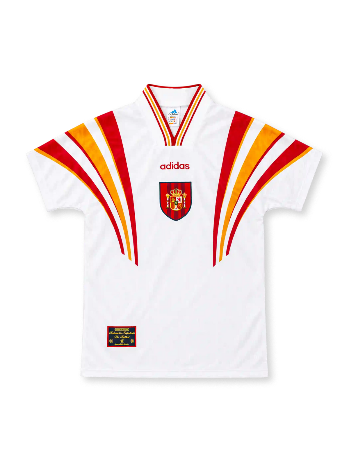 Spain 1996 white third jersey by adidas with sweeping red-and-yellow shoulder stripes, matching striped V-neck collar, red adidas wordmark, central Spanish federation crest and decorative hem patch.