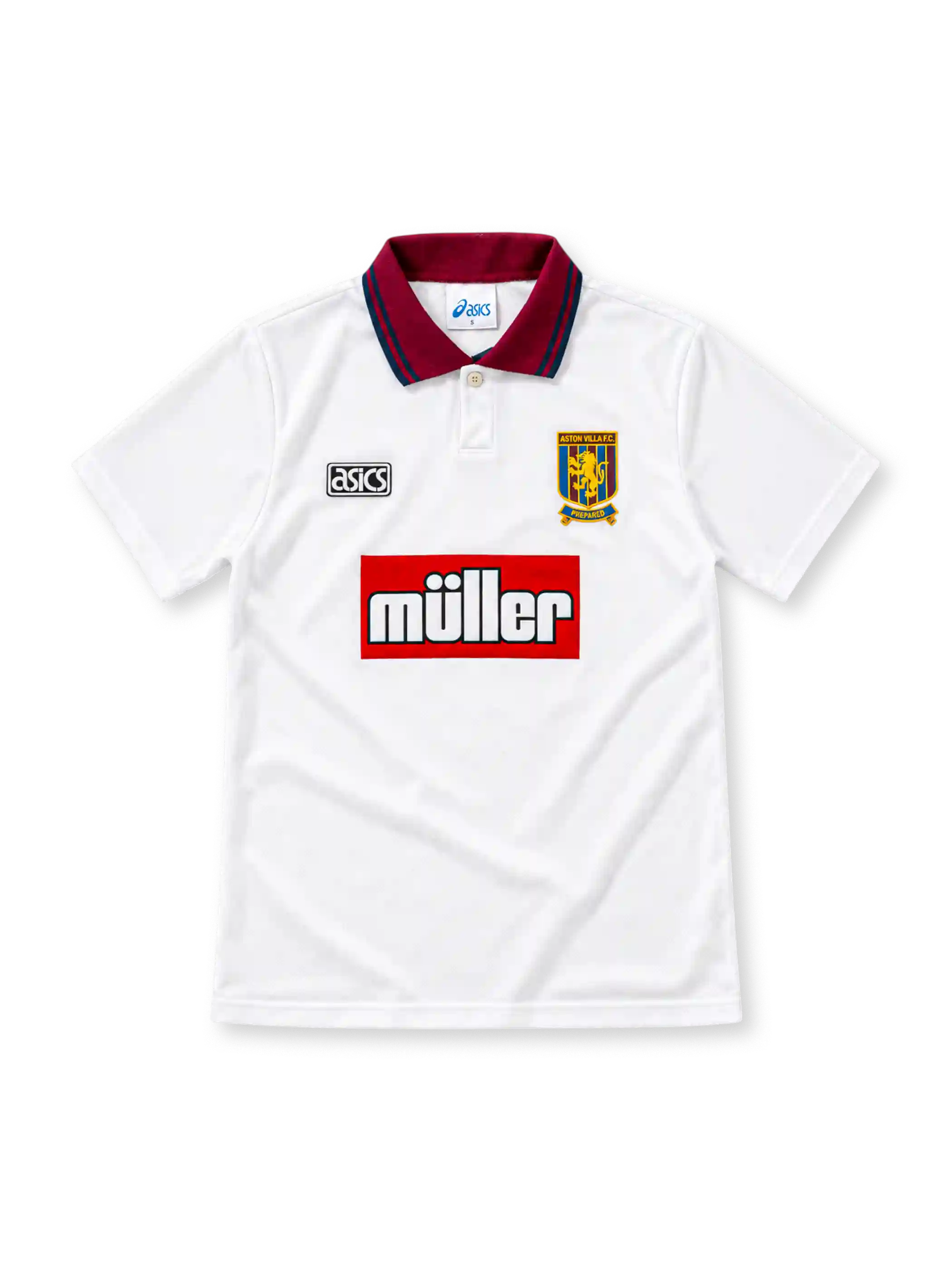 Aston Villa 1994/95 white third jersey featuring a claret polo collar with blue edging, single-button placket, black ASICS logo, Aston Villa crest and red Müller sponsor panel.