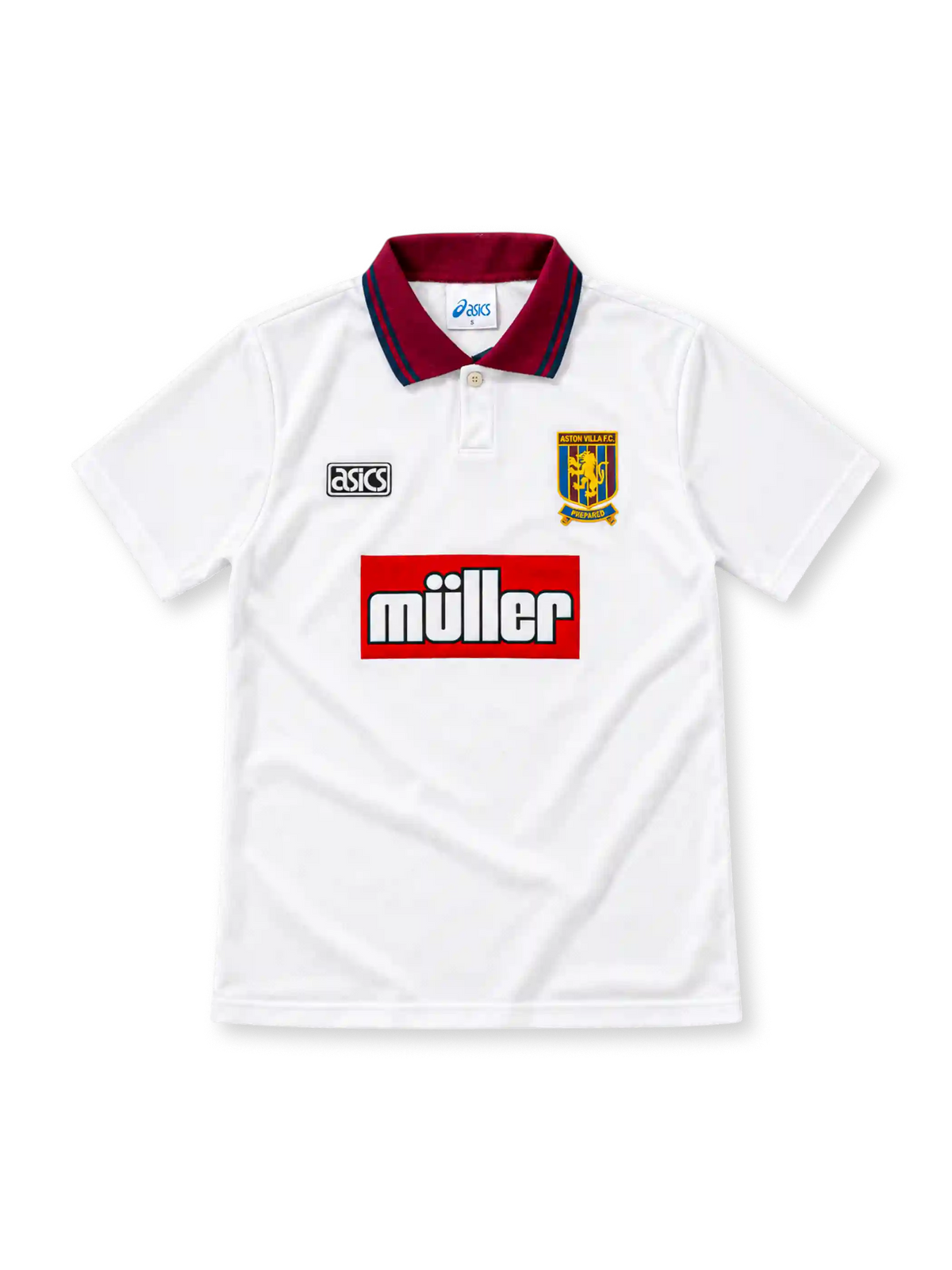 Aston Villa 1994/95 white third jersey featuring a claret polo collar with blue edging, single-button placket, black ASICS logo, Aston Villa crest and red Müller sponsor panel.