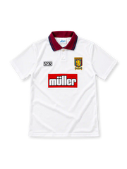 Aston Villa 1994/95 white third jersey featuring a claret polo collar with blue edging, single-button placket, black ASICS logo, Aston Villa crest and red Müller sponsor panel.