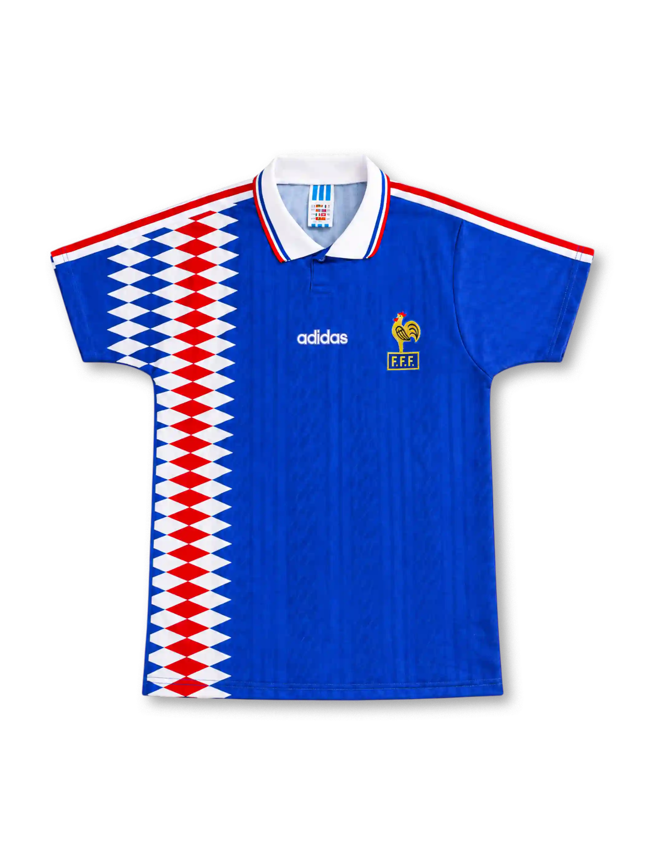 France 1994 royal-blue home jersey by adidas with a red-and-white diamond pattern down one side, white polo collar with tricolor trim, white adidas lettering and yellow FFF rooster crest.