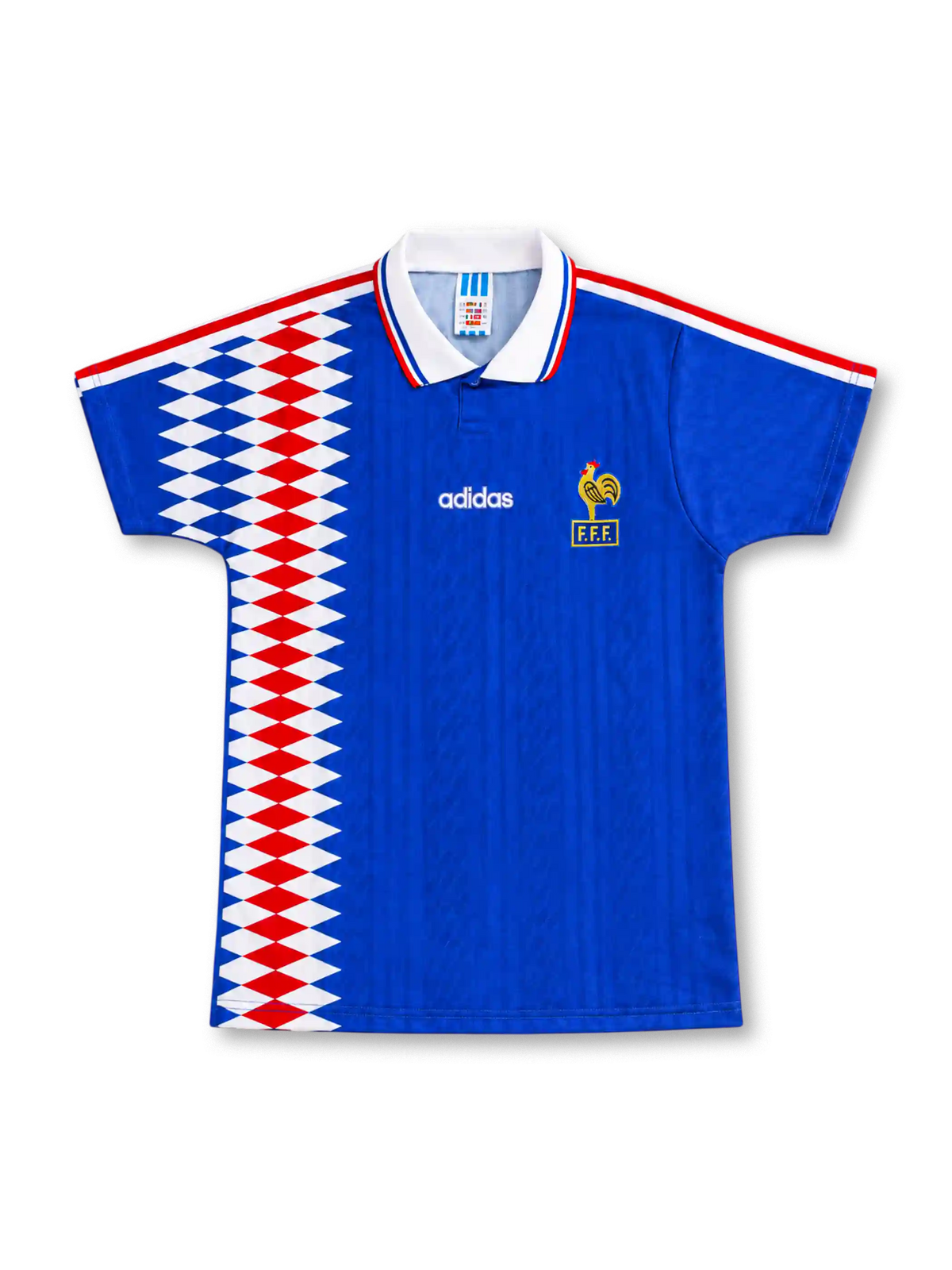 France 1994 royal-blue home jersey by adidas with a red-and-white diamond pattern down one side, white polo collar with tricolor trim, white adidas lettering and yellow FFF rooster crest.
