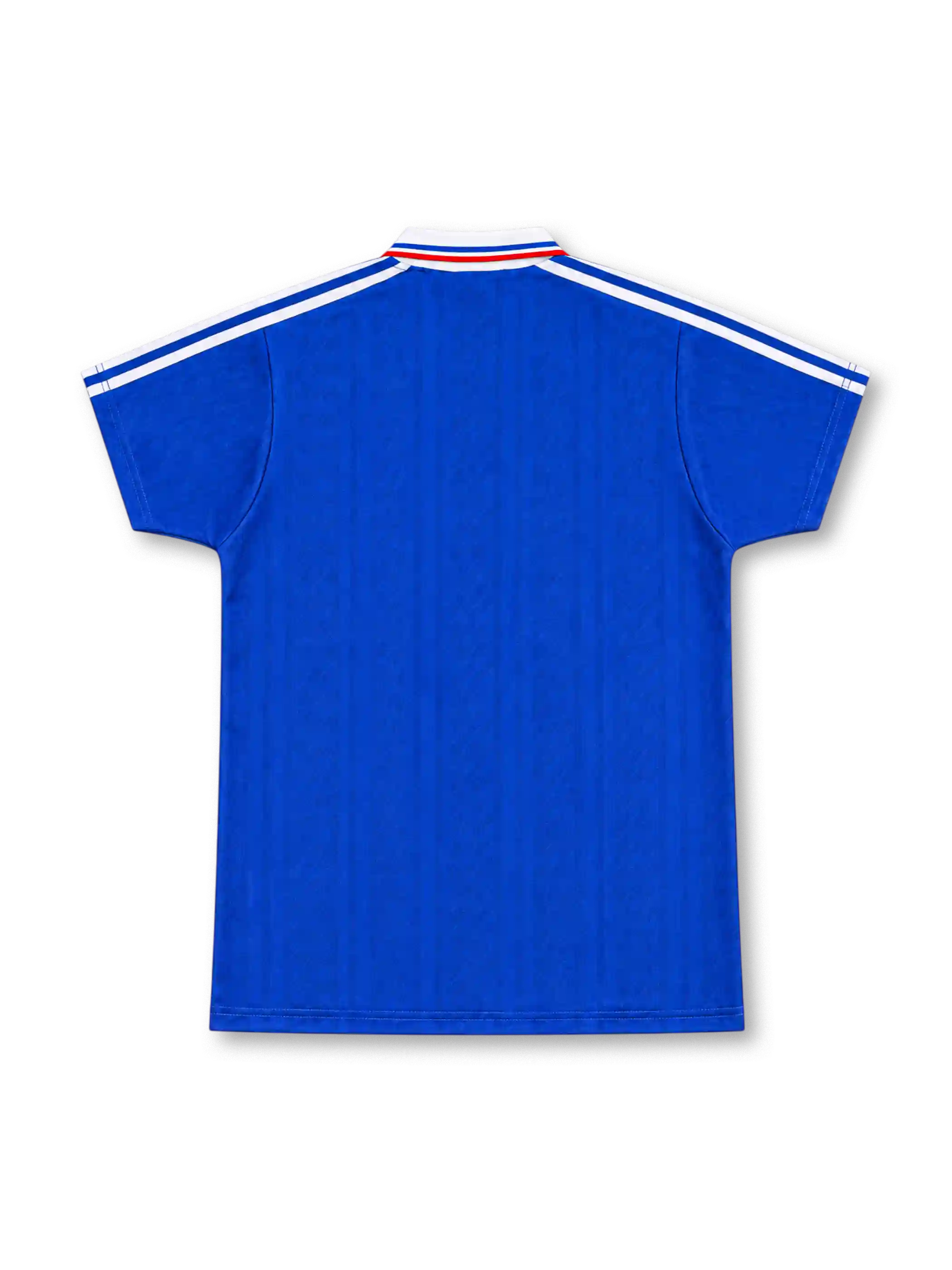 France 1994 royal-blue home jersey by adidas with a red-and-white diamond pattern down one side, white polo collar with tricolor trim, white adidas lettering and yellow FFF rooster crest.