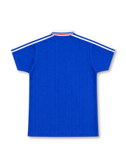 France 1994 royal-blue home jersey by adidas with a red-and-white diamond pattern down one side, white polo collar with tricolor trim, white adidas lettering and yellow FFF rooster crest.