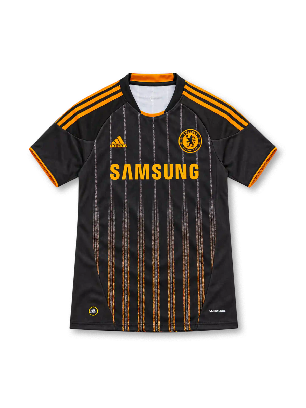 Chelsea 2010/11 black adidas away jersey featuring orange shoulder stripes, fine gray-to-orange vertical pinstripes, orange Chelsea crest, orange Samsung sponsor, round collar and ClimaCool branding.