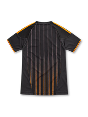 Chelsea 2010/11 black adidas away jersey featuring orange shoulder stripes, fine gray-to-orange vertical pinstripes, orange Chelsea crest, orange Samsung sponsor, round collar and ClimaCool branding.