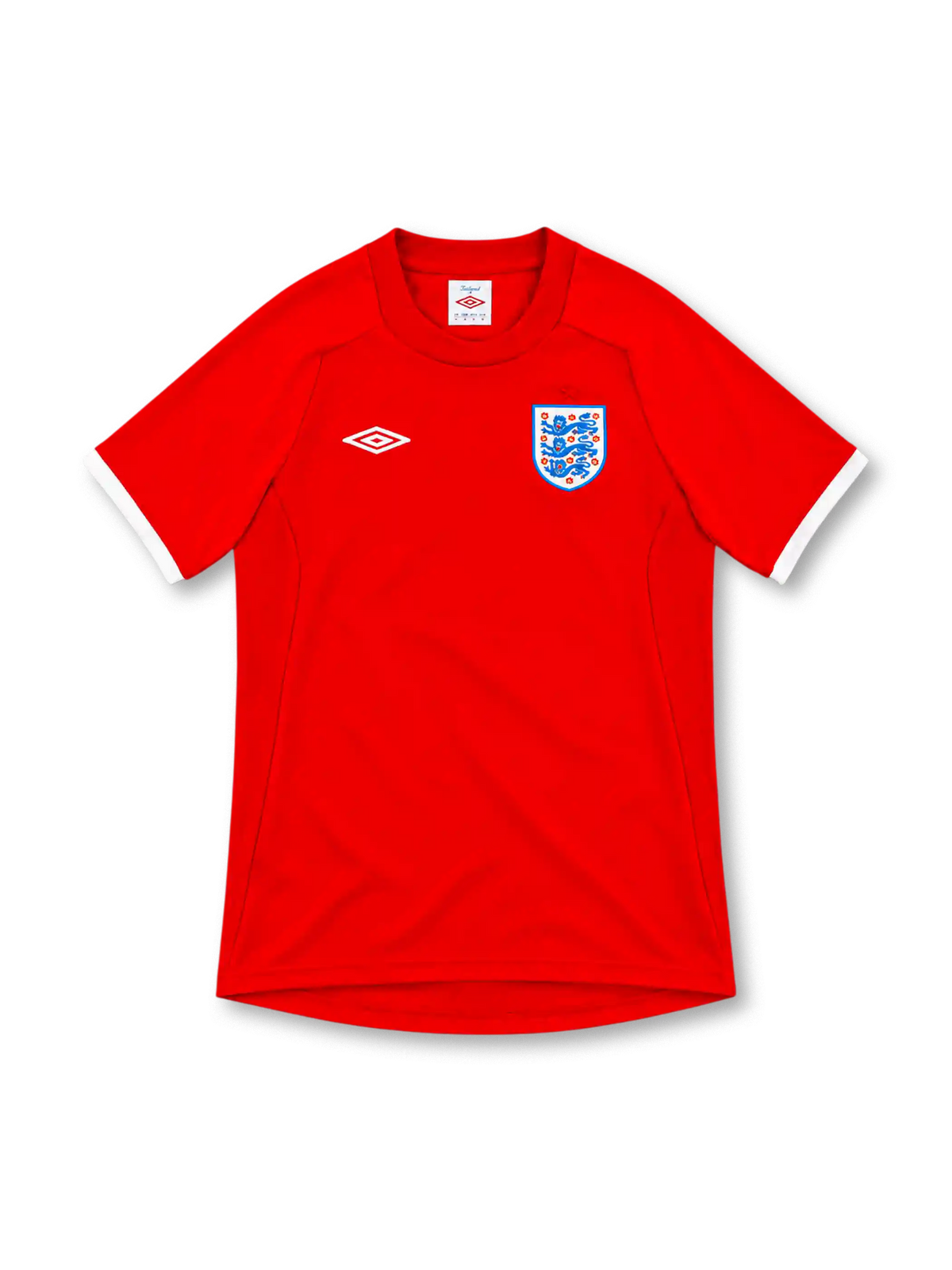 England 2010 red Umbro away jersey with a rounded crew-neck collar, white sleeve cuffs, white double-diamond Umbro logo, Three Lions crest, raglan shoulder seams and curved hem.