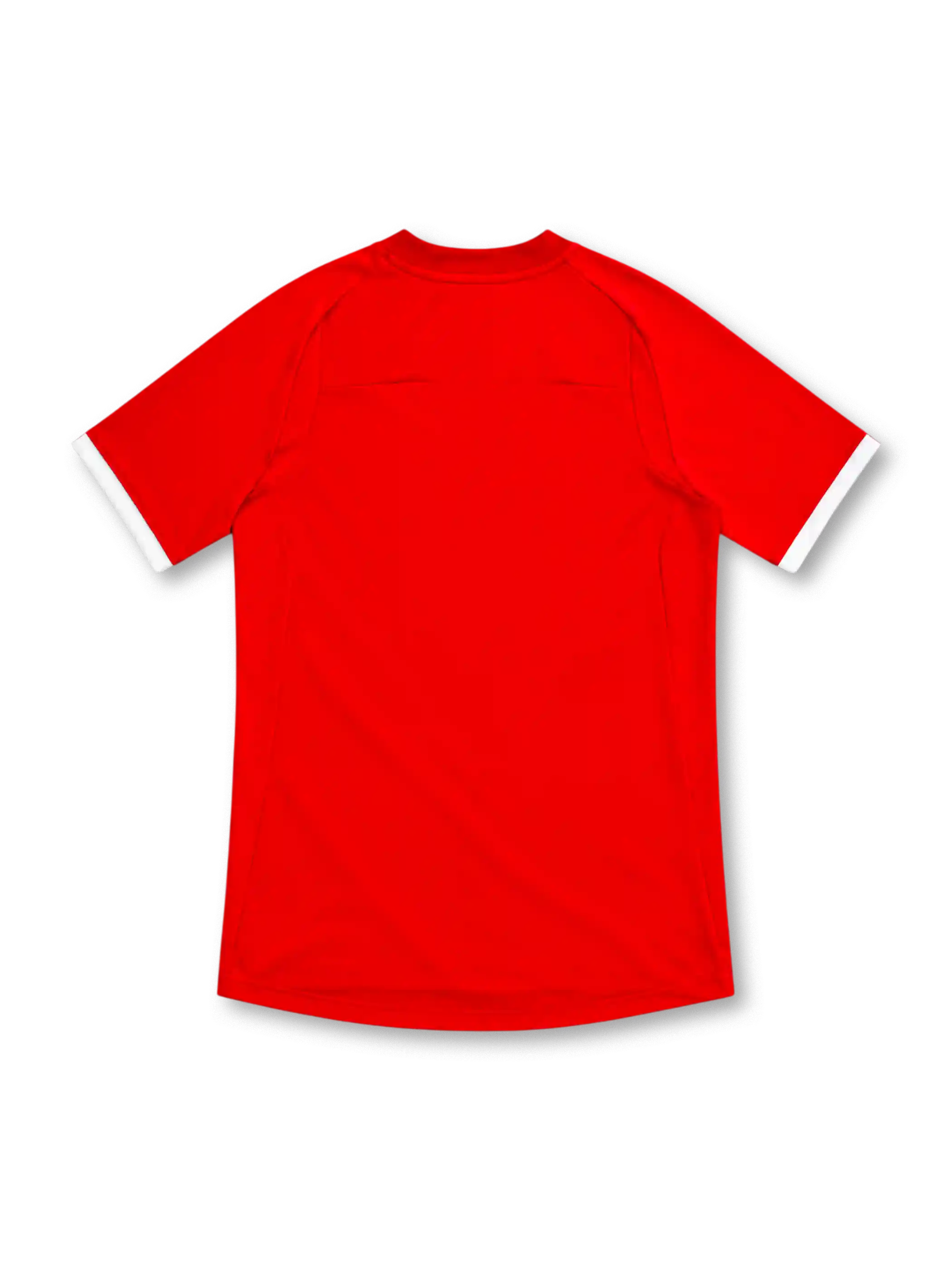 England 2010 red Umbro away jersey with a rounded crew-neck collar, white sleeve cuffs, white double-diamond Umbro logo, Three Lions crest, raglan shoulder seams and curved hem.