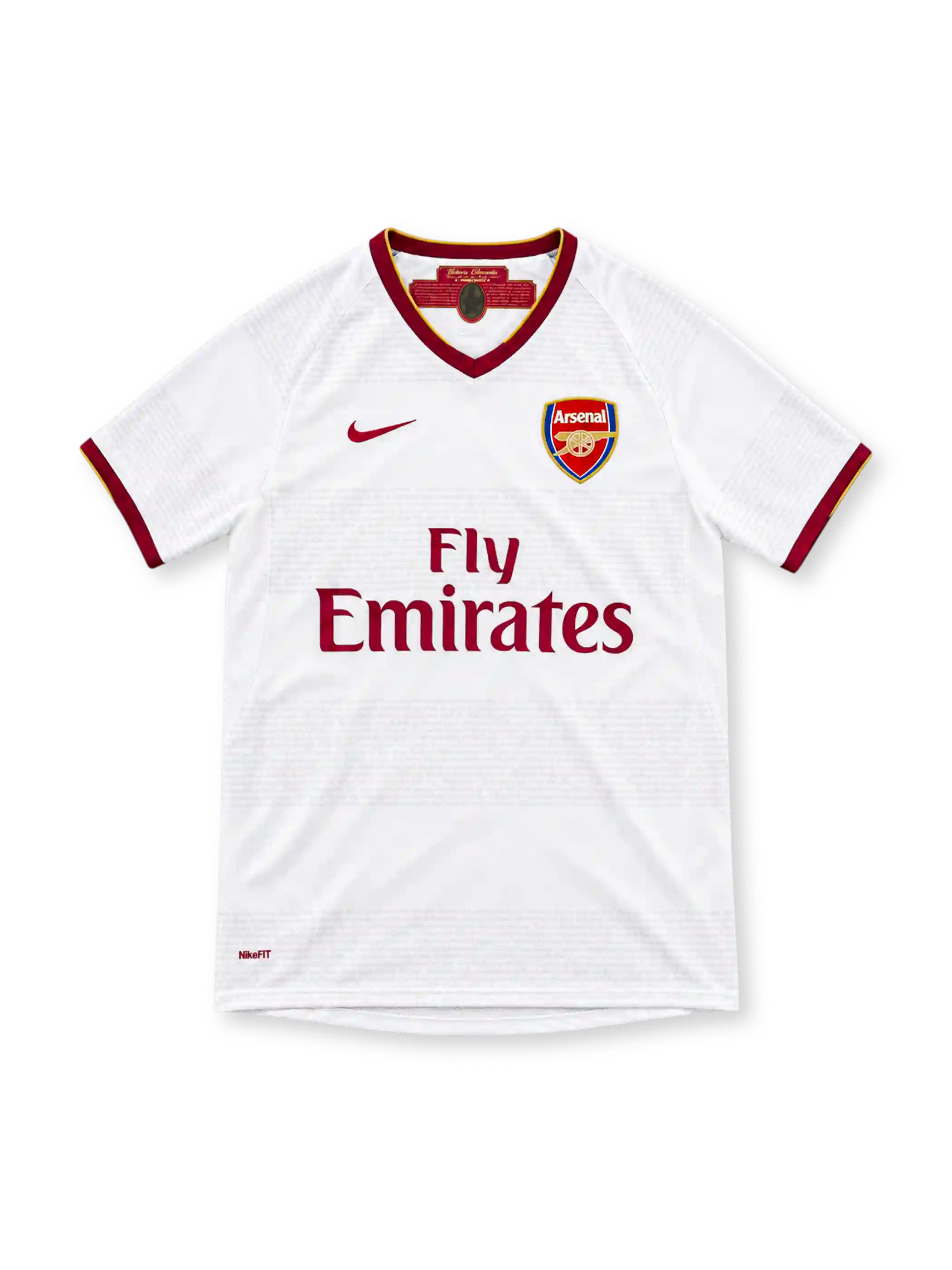 Arsenal 2007/08 white Nike away jersey featuring a claret V-neck collar with gold trim, matching sleeve cuffs, claret Nike Swoosh, Arsenal crest, Fly Emirates sponsor and commemorative inner-neck detail.
