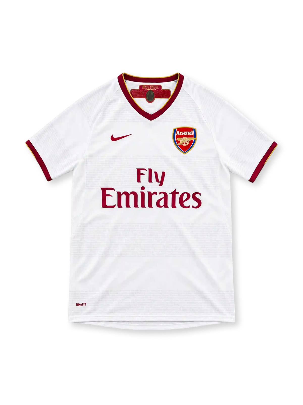 Arsenal 2007/08 white Nike away jersey featuring a claret V-neck collar with gold trim, matching sleeve cuffs, claret Nike Swoosh, Arsenal crest, Fly Emirates sponsor and commemorative inner-neck detail.