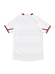 Arsenal 2007/08 white Nike away jersey featuring a claret V-neck collar with gold trim, matching sleeve cuffs, claret Nike Swoosh, Arsenal crest, Fly Emirates sponsor and commemorative inner-neck detail.