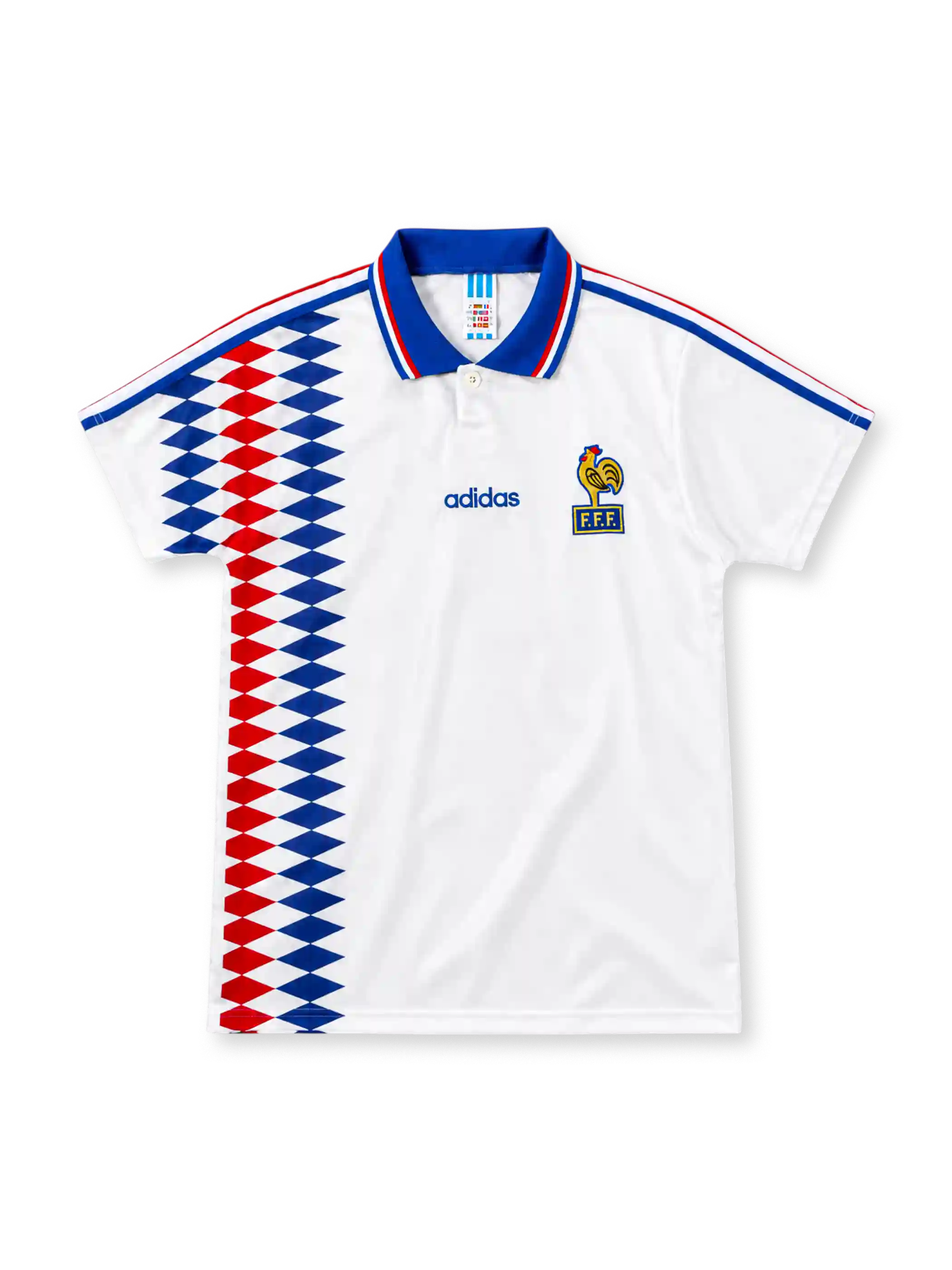 France 1994 white adidas away jersey with red-and-blue diamond graphics down the right side, royal-blue polo collar with tricolor trim, blue shoulder stripes, adidas wordmark and FFF rooster crest.