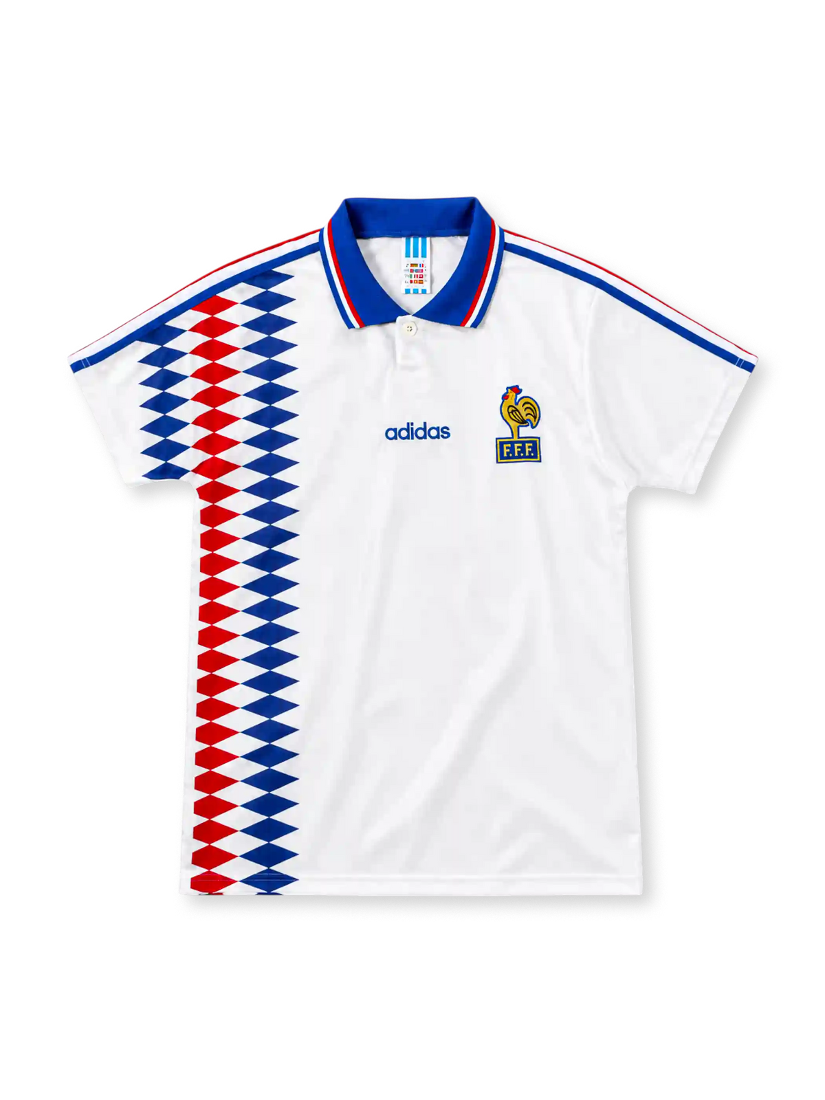 France 1994 white adidas away jersey with red-and-blue diamond graphics down the right side, royal-blue polo collar with tricolor trim, blue shoulder stripes, adidas wordmark and FFF rooster crest.