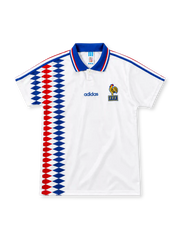 France 1994 white adidas away jersey with red-and-blue diamond graphics down the right side, royal-blue polo collar with tricolor trim, blue shoulder stripes, adidas wordmark and FFF rooster crest.