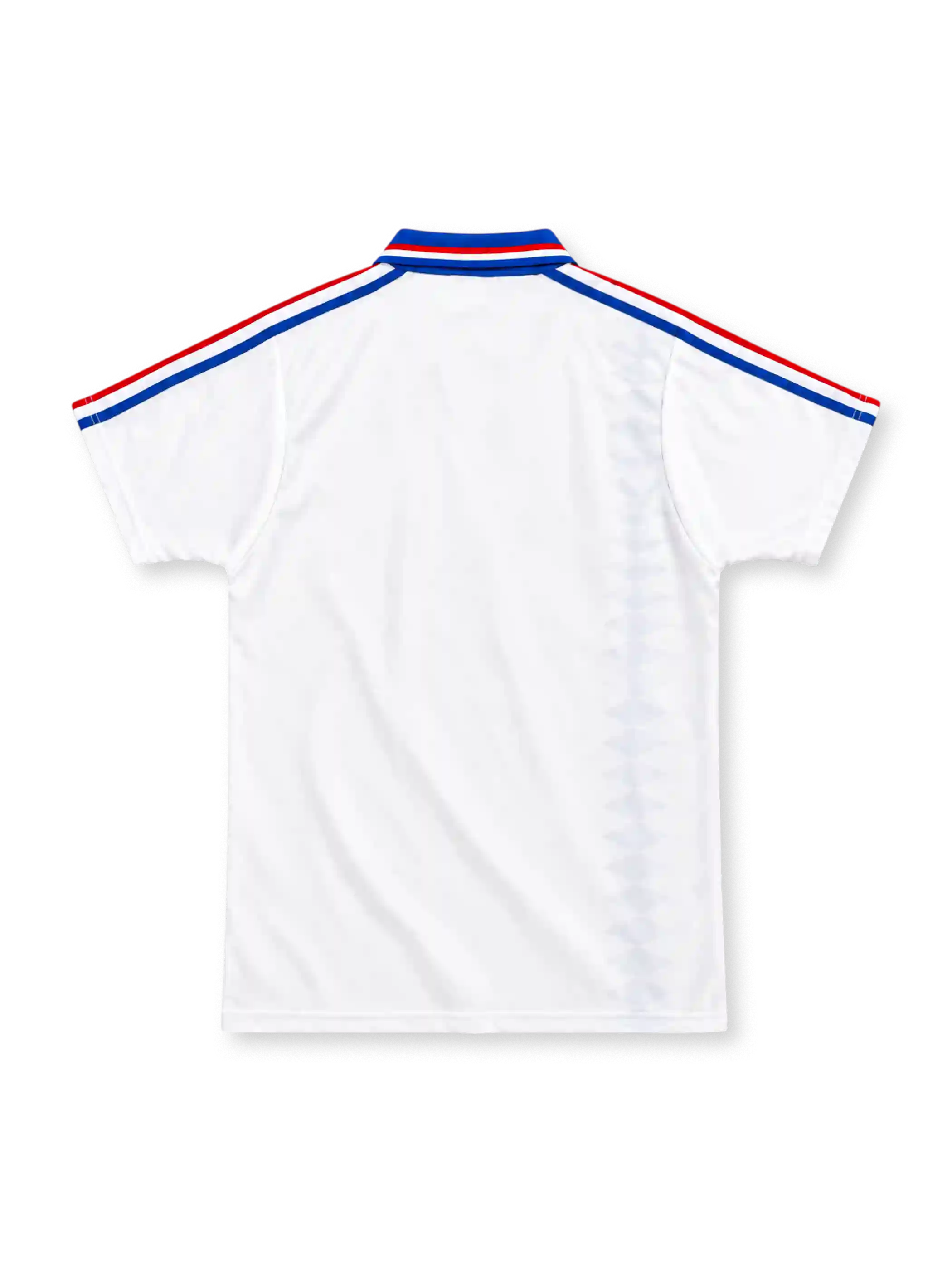 France 1994 white adidas away jersey with red-and-blue diamond graphics down the right side, royal-blue polo collar with tricolor trim, blue shoulder stripes, adidas wordmark and FFF rooster crest.