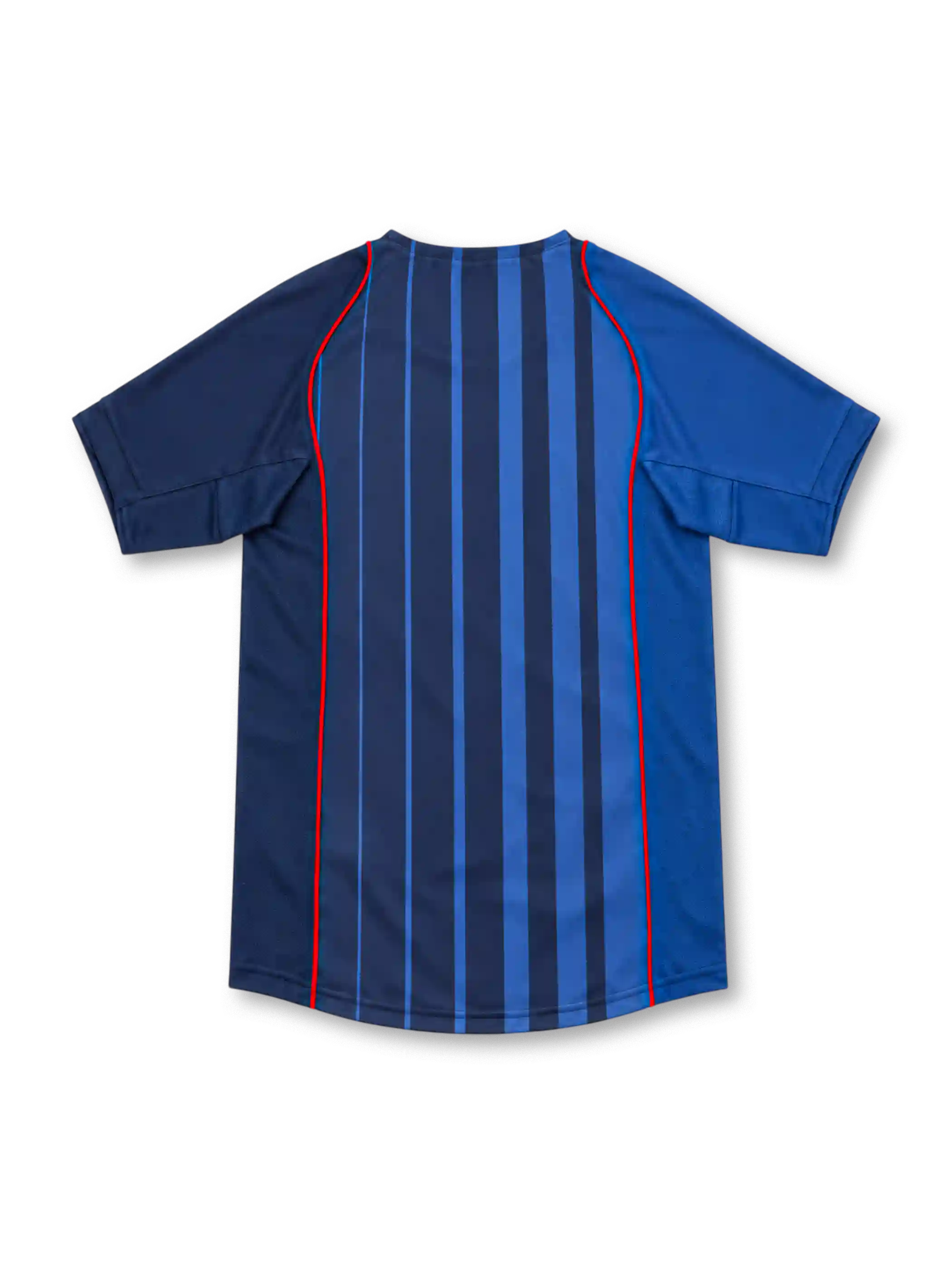 Barcelona 2004/05 Nike away jersey with royal-blue and navy vertical stripes, red piping along the front, contrasting blue sleeves, yellow Nike Swoosh, Barcelona crest, and rounded neckline.