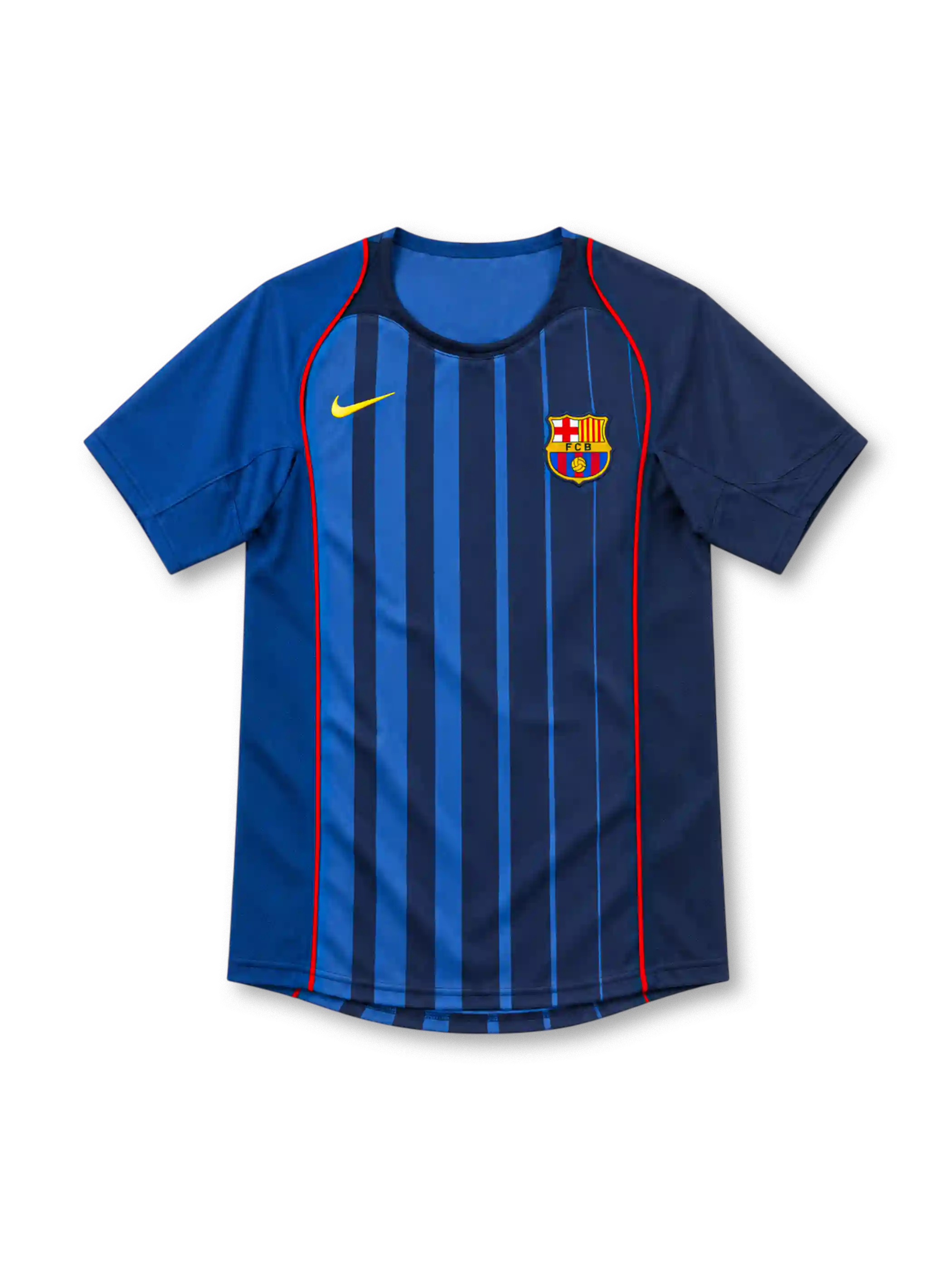 Barcelona 2004/05 Nike away jersey with royal-blue and navy vertical stripes, red piping along the front, contrasting blue sleeves, yellow Nike Swoosh, Barcelona crest, and rounded neckline.