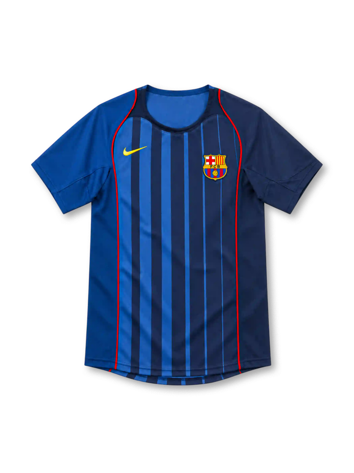 Barcelona 2004/05 Nike away jersey with royal-blue and navy vertical stripes, red piping along the front, contrasting blue sleeves, yellow Nike Swoosh, Barcelona crest, and rounded neckline.