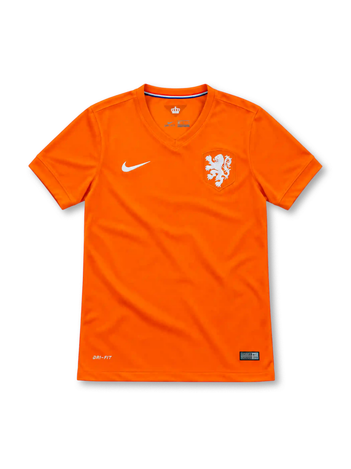 Netherlands 2014 orange Nike home jersey with tonal V-neck collar, white Nike Swoosh, commemorative white lion crest, tricolor inner-neck trim, crown emblem, Dri-FIT branding and Authentic hem label.
