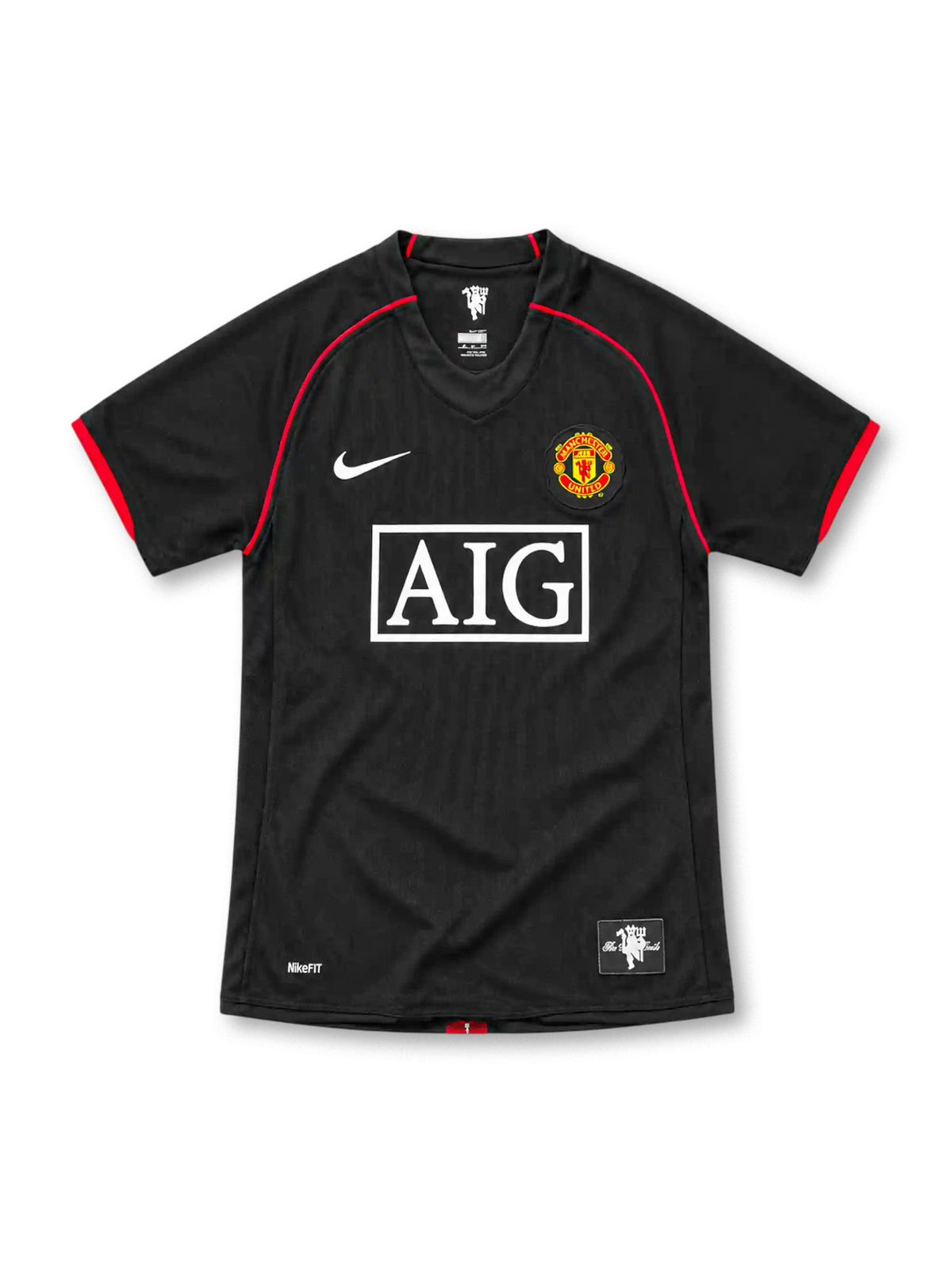Manchester United 2007/08 black Nike away jersey with red curved shoulder piping, black V-neck collar, white Nike Swoosh, Manchester United crest, rectangular white AIG sponsor and NikeFIT branding.