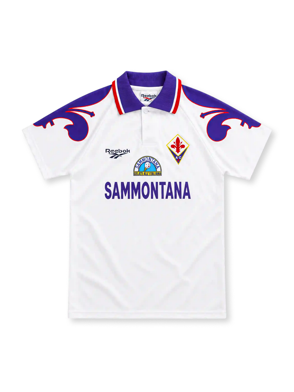 Fiorentina 1995/96 white Reebok away jersey with a purple polo collar, red-and-white trim, oversized purple lily shoulder graphics, Fiorentina diamond crest and purple Sammontana sponsor lettering.