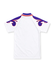 Fiorentina 1995/96 white Reebok away jersey with a purple polo collar, red-and-white trim, oversized purple lily shoulder graphics, Fiorentina diamond crest and purple Sammontana sponsor lettering.