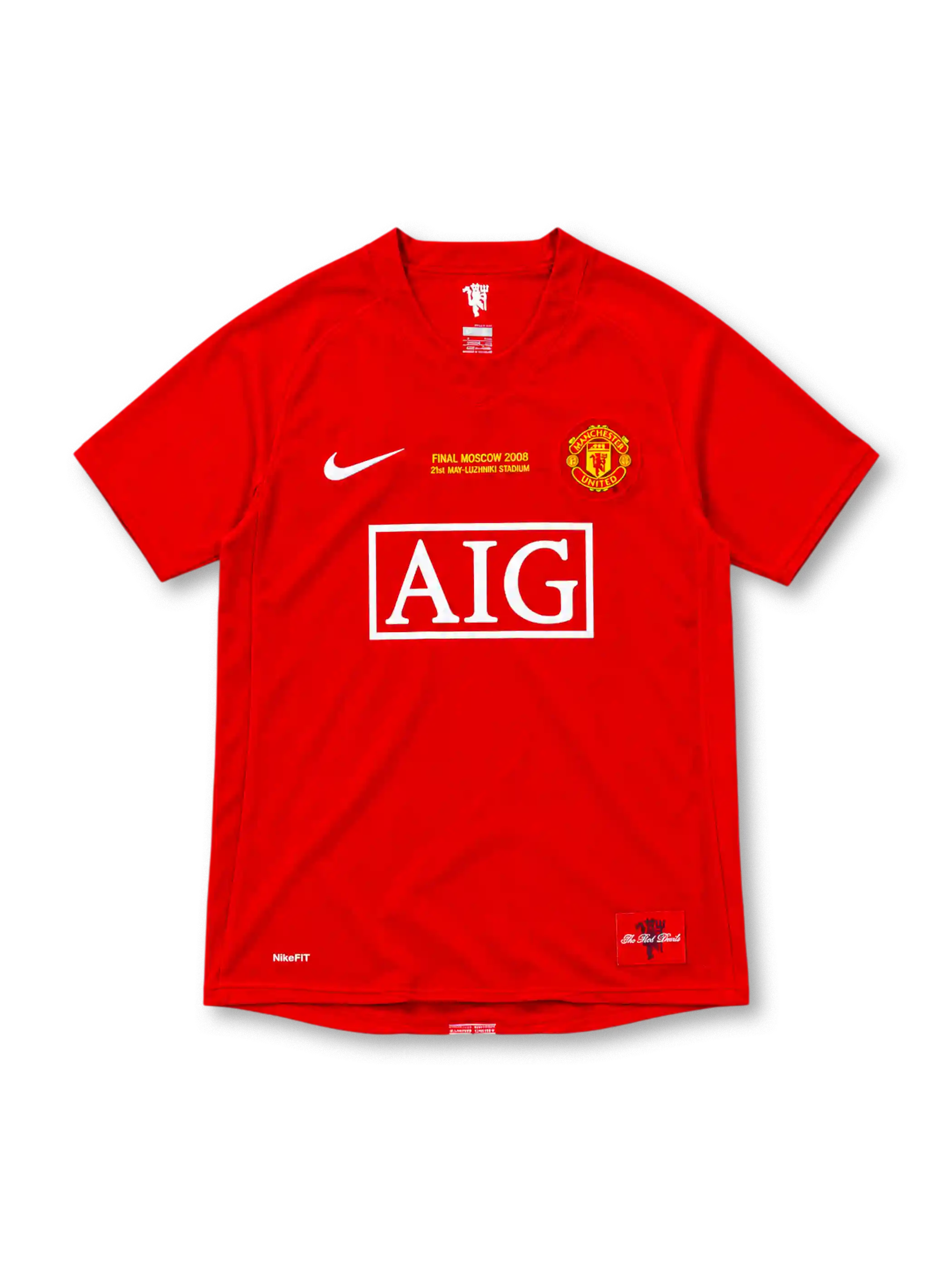 Manchester United 2007/08 red Nike Champions League Final home jersey featuring a white Swoosh, Manchester United crest, gold FINAL MOSCOW 2008 embroidery, white AIG sponsor and commemorative hem patch.