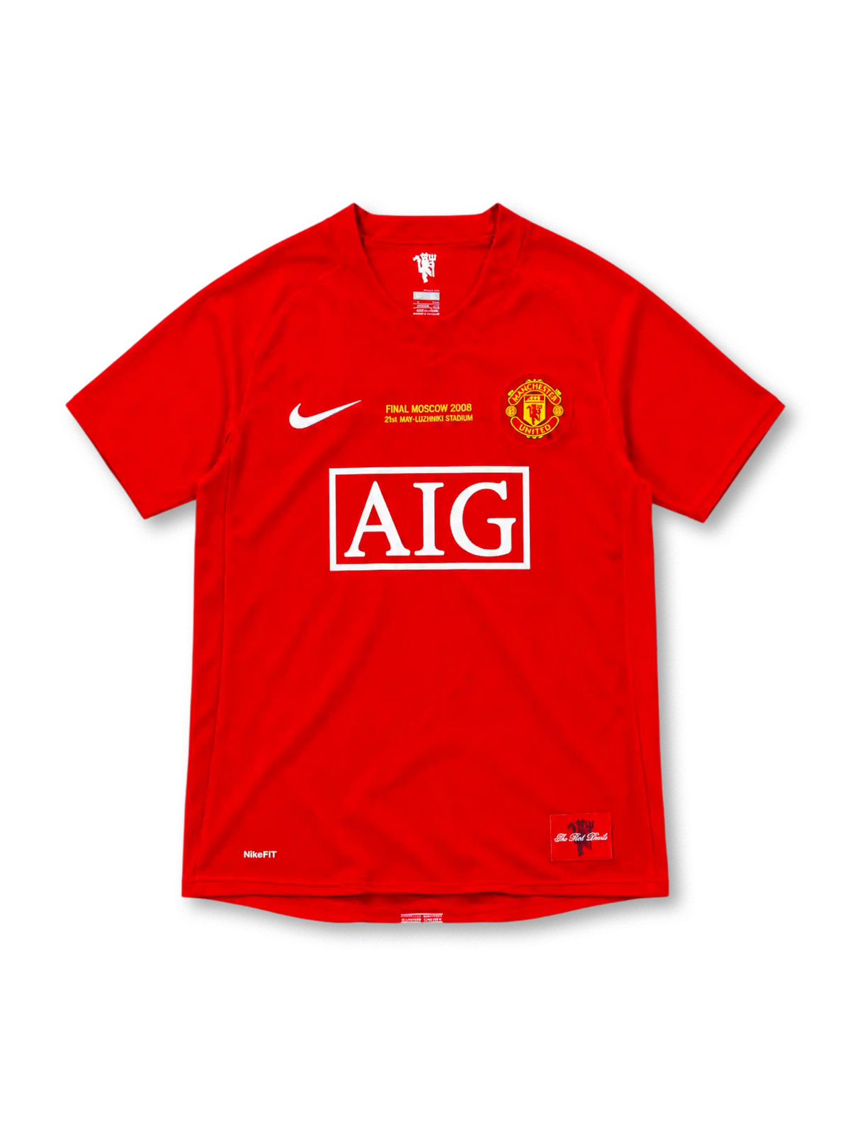 Manchester United 2007/08 red Nike Champions League Final home jersey featuring a white Swoosh, Manchester United crest, gold FINAL MOSCOW 2008 embroidery, white AIG sponsor and commemorative hem patch.