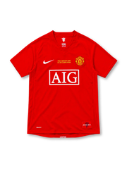 Manchester United 2007/08 red Nike Champions League Final home jersey featuring a white Swoosh, Manchester United crest, gold FINAL MOSCOW 2008 embroidery, white AIG sponsor and commemorative hem patch.