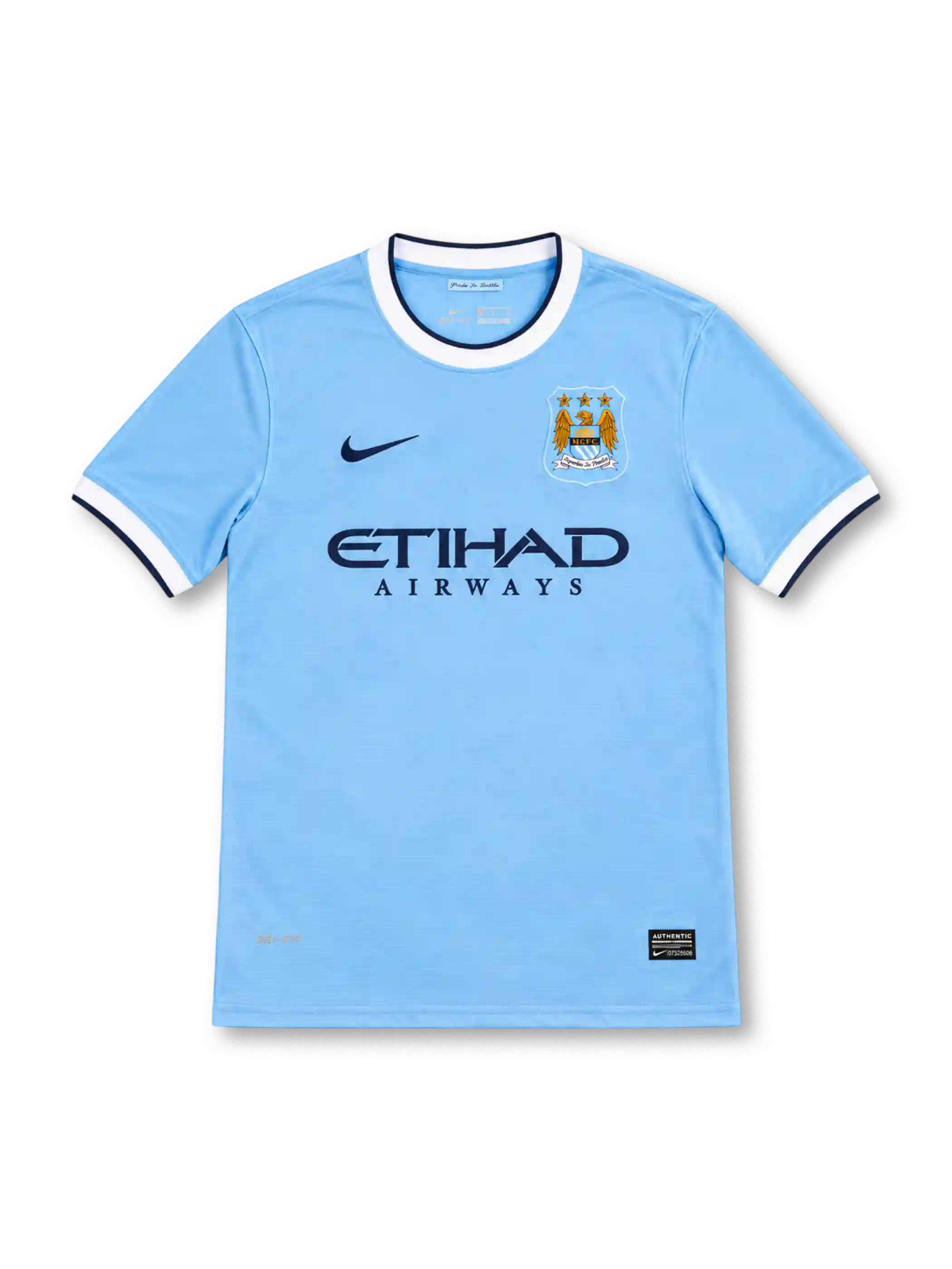 Manchester City 2013/14 sky-blue Nike home jersey featuring a white crew-neck collar with navy trim, white sleeve cuffs, navy Nike Swoosh, three-star club crest, Etihad Airways sponsor and Authentic hem label.