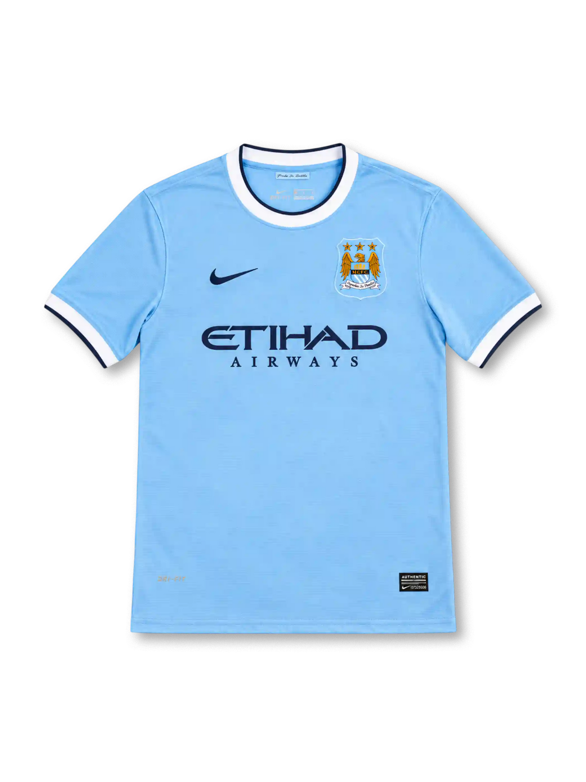Manchester City 2013/14 sky-blue Nike home jersey featuring a white crew-neck collar with navy trim, white sleeve cuffs, navy Nike Swoosh, three-star club crest, Etihad Airways sponsor and Authentic hem label.