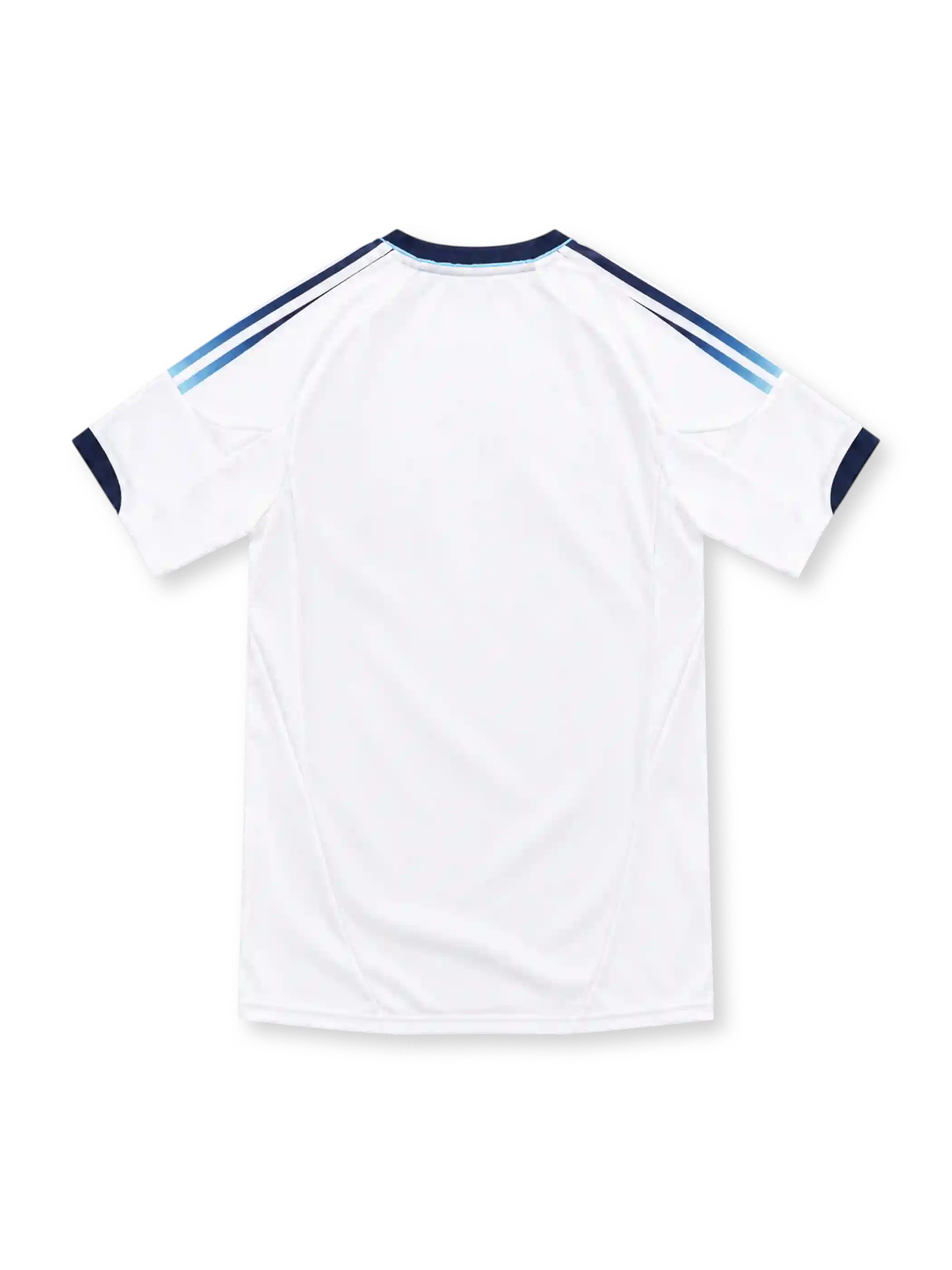 Chelsea 2012/13 white adidas away jersey with a light-aqua diagonal sash, navy V-neck collar and sleeve cuffs, fading three stripes on the shoulders, Chelsea crest, Samsung sponsor and ClimaCool branding.