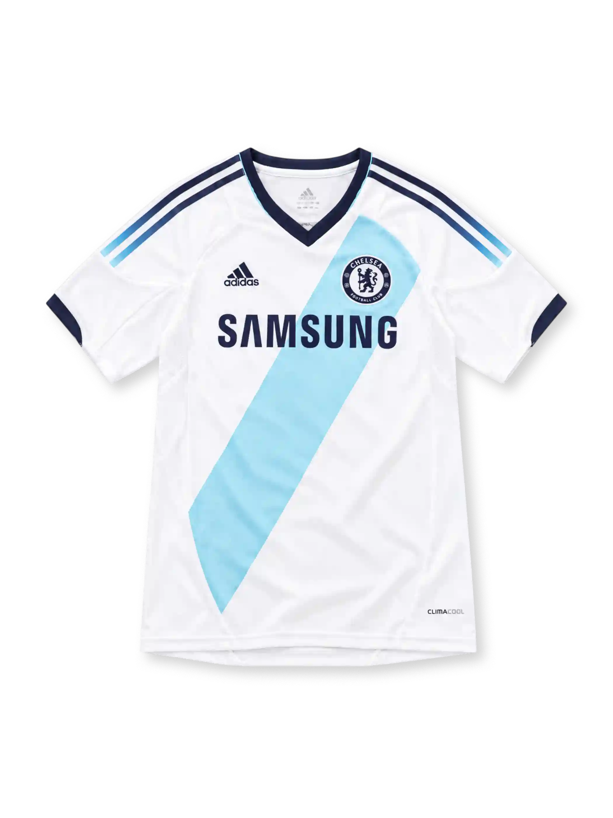 Chelsea 2012/13 white adidas away jersey with a light-aqua diagonal sash, navy V-neck collar and sleeve cuffs, fading three stripes on the shoulders, Chelsea crest, Samsung sponsor and ClimaCool branding.