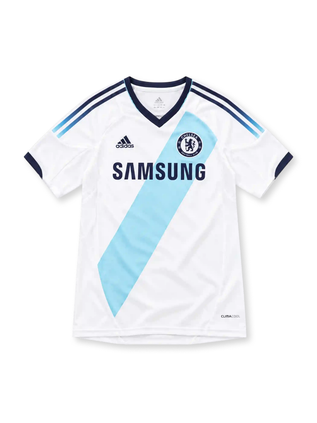 Chelsea 2012/13 white adidas away jersey with a light-aqua diagonal sash, navy V-neck collar and sleeve cuffs, fading three stripes on the shoulders, Chelsea crest, Samsung sponsor and ClimaCool branding.