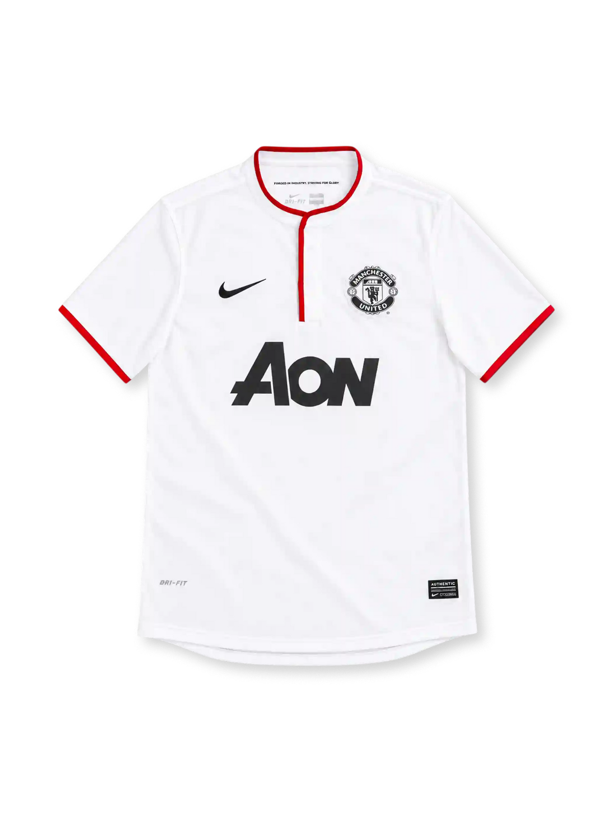 Manchester United 2012/13 white Nike away jersey featuring a red-trimmed Henley collar, red sleeve cuffs, black Nike Swoosh, monochrome club crest, black Aon sponsor and Dri-FIT branding.