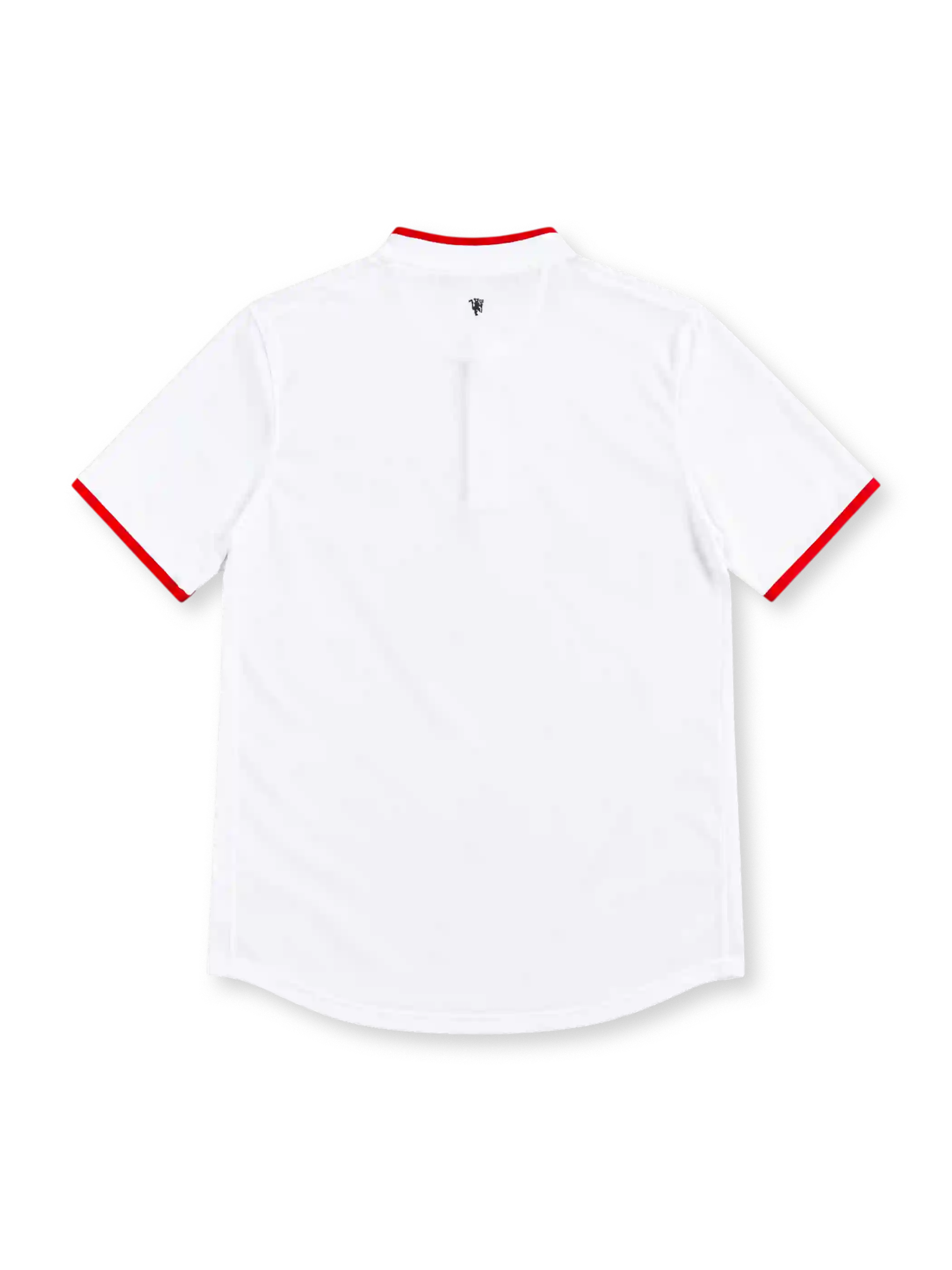 Manchester United 2012/13 white Nike away jersey featuring a red-trimmed Henley collar, red sleeve cuffs, black Nike Swoosh, monochrome club crest, black Aon sponsor and Dri-FIT branding.