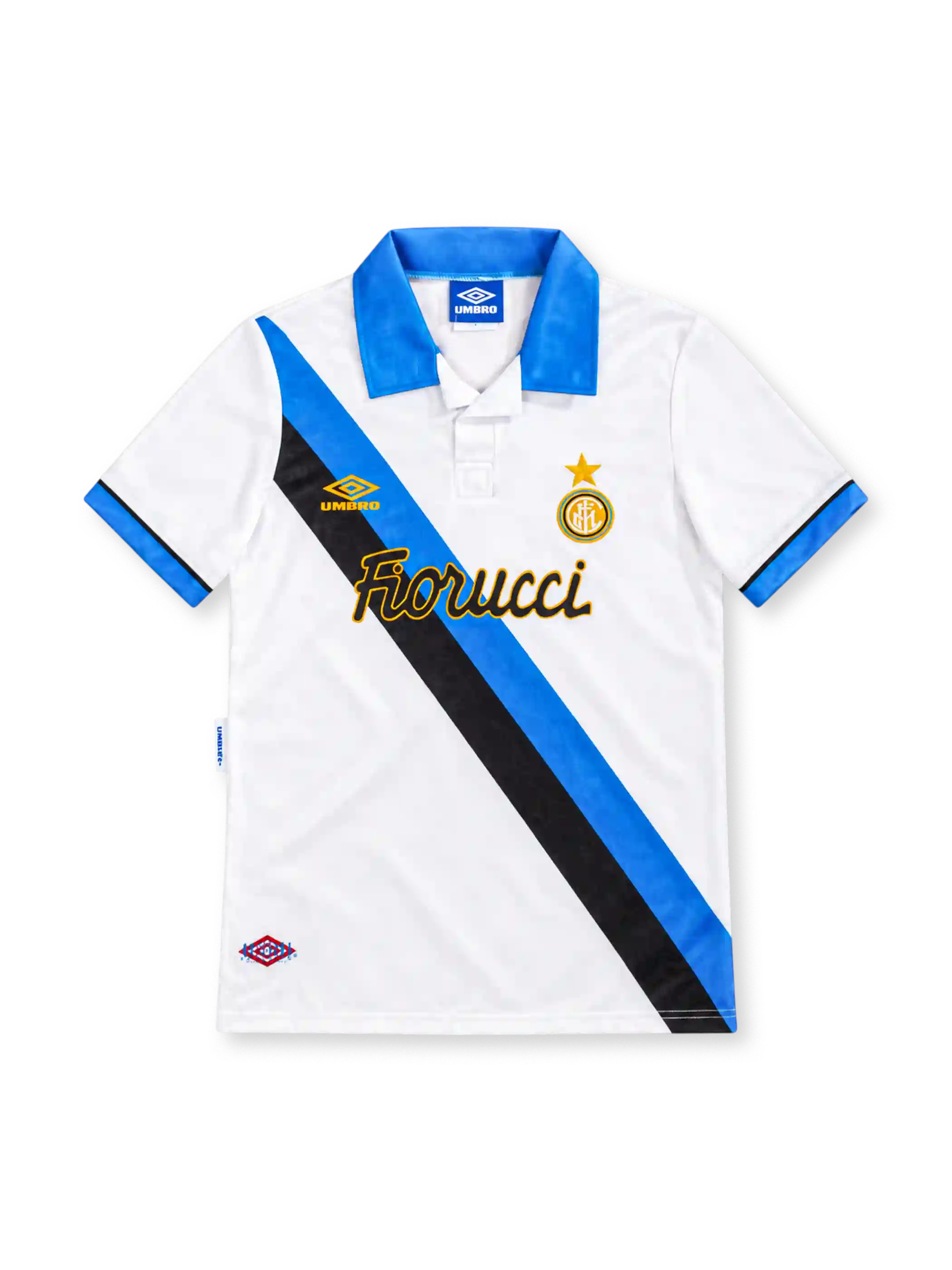 Inter Milan 1994/95 white Umbro away jersey featuring a blue-and-black diagonal sash, bright blue polo collar, blue-and-black sleeve cuffs, gold Umbro logo, star-topped Inter crest and Fiorucci sponsor.