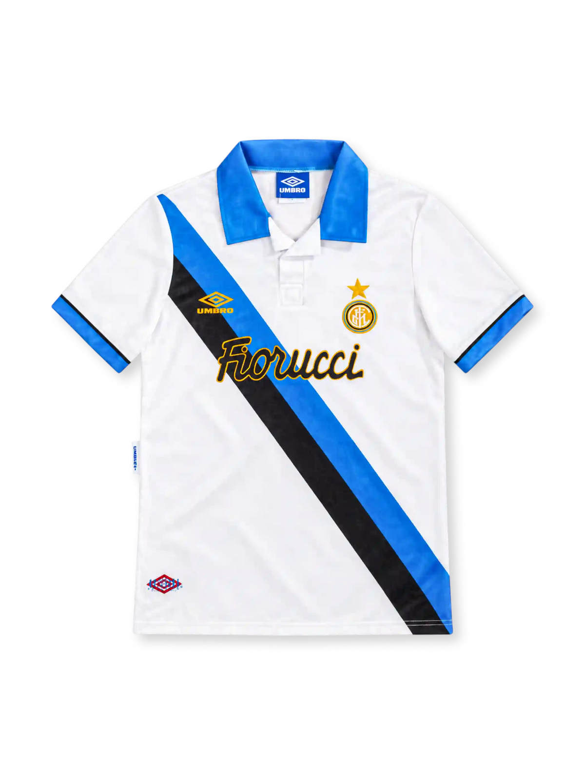 Inter Milan 1994/95 white Umbro away jersey featuring a blue-and-black diagonal sash, bright blue polo collar, blue-and-black sleeve cuffs, gold Umbro logo, star-topped Inter crest and Fiorucci sponsor.