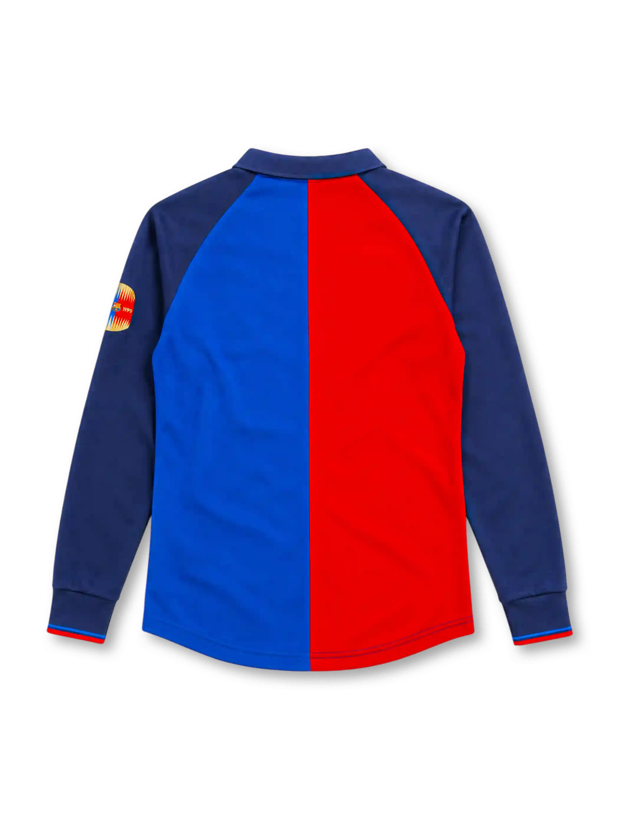 Barcelona 1999/00 Nike centenary home long sleeve jersey with half-red and half-blue front, navy collar and sleeves, gold 1899 and 1999 lettering, central Barcelona crest, gold Nike Swoosh and anniversary sleeve patch.