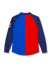 Barcelona 1999/00 Nike centenary home long sleeve jersey with half-red and half-blue front, navy collar and sleeves, gold 1899 and 1999 lettering, central Barcelona crest, gold Nike Swoosh and anniversary sleeve patch.
