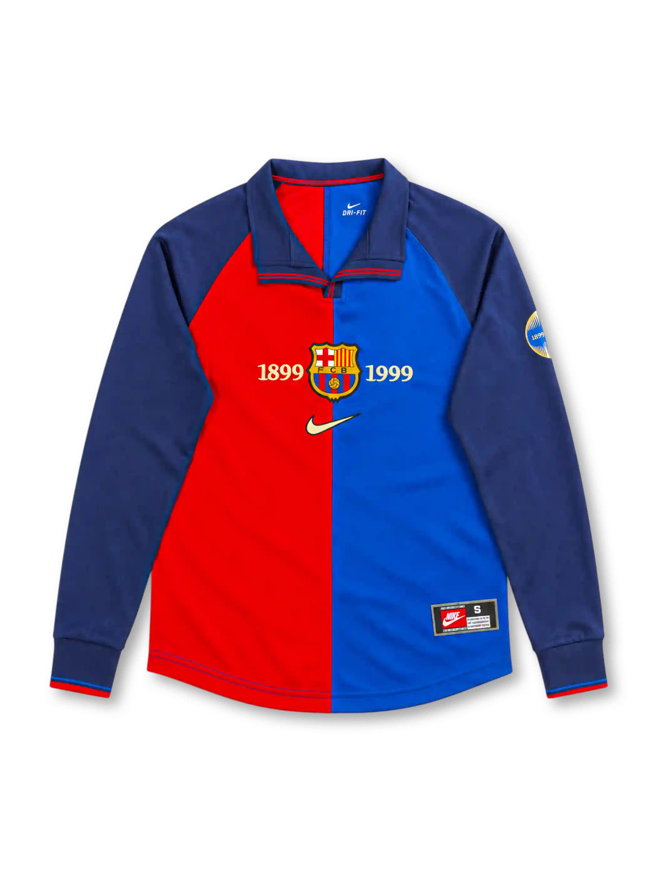 Barcelona 1999/00 Nike centenary home long sleeve jersey with half-red and half-blue front, navy collar and sleeves, gold 1899 and 1999 lettering, central Barcelona crest, gold Nike Swoosh and anniversary sleeve patch.