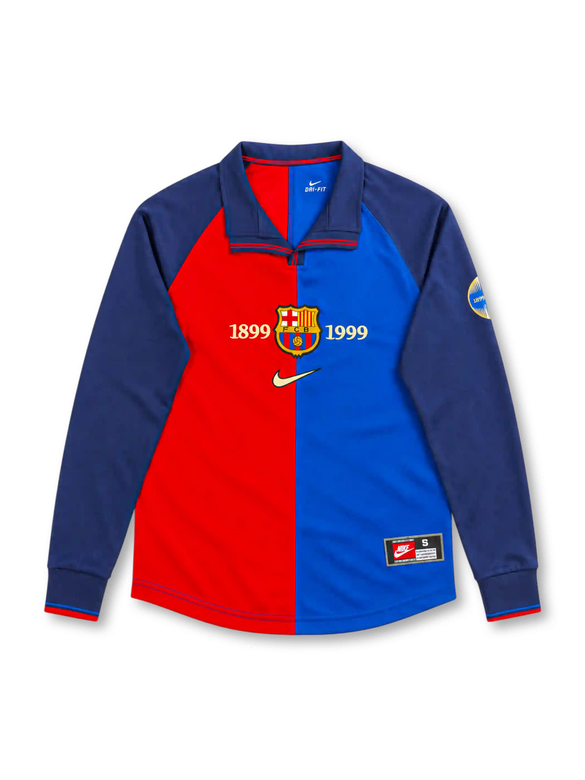 Barcelona 1999/00 Nike centenary home long sleeve jersey with half-red and half-blue front, navy collar and sleeves, gold 1899 and 1999 lettering, central Barcelona crest, gold Nike Swoosh and anniversary sleeve patch.