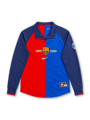 Barcelona 1999/00 Nike centenary home long sleeve jersey with half-red and half-blue front, navy collar and sleeves, gold 1899 and 1999 lettering, central Barcelona crest, gold Nike Swoosh and anniversary sleeve patch.