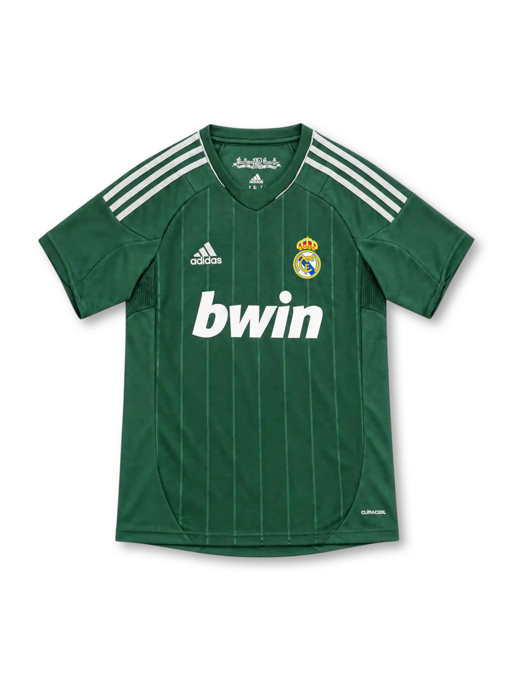 Real Madrid 2012/13 green adidas third jersey featuring subtle vertical pinstripes, white shoulder stripes, white adidas logo, full-color crowned club crest, white bwin sponsor and ClimaCool branding.